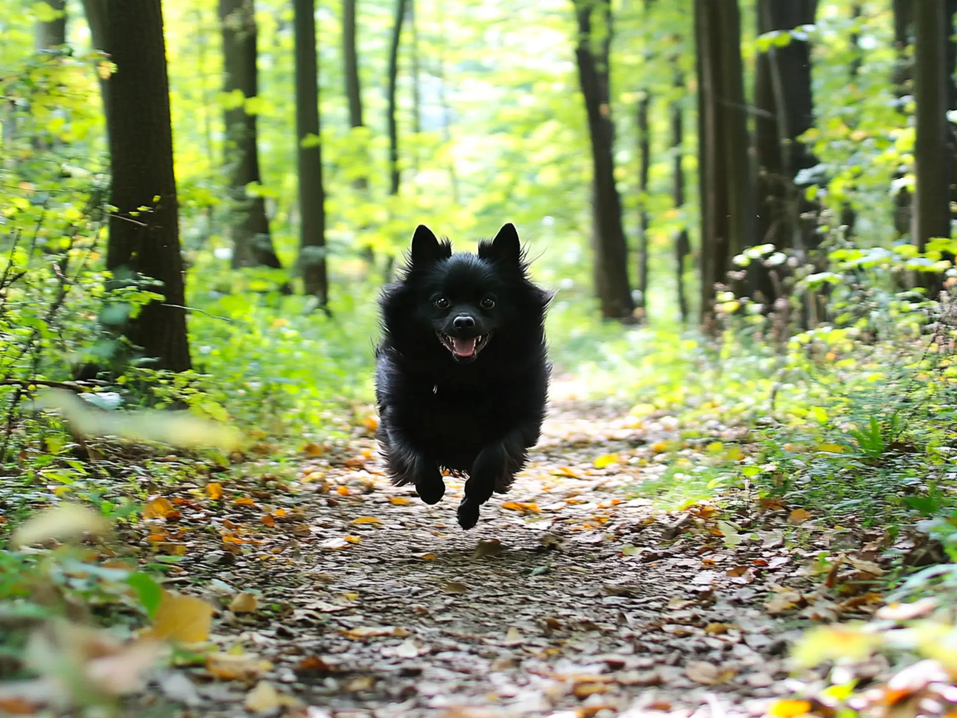 Black Schipperke running energetically through a leafy forest trail