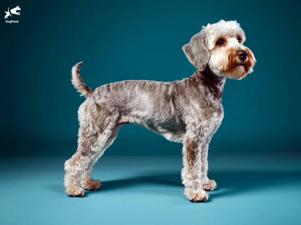 Schnoodle Dog breed full body view standing against green background