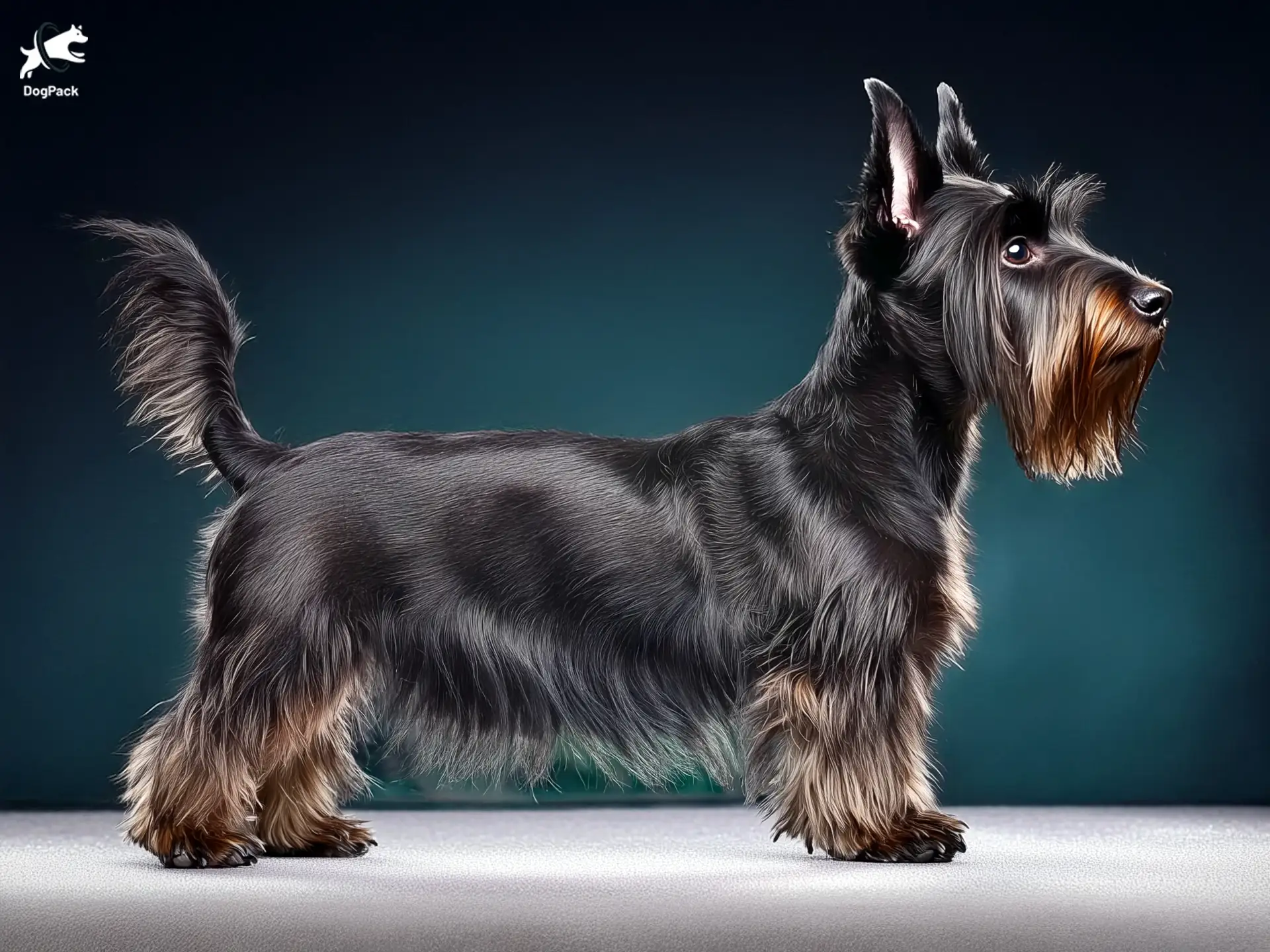 Scottish Terrier (Scottie) Dog breed full body view standing against green background