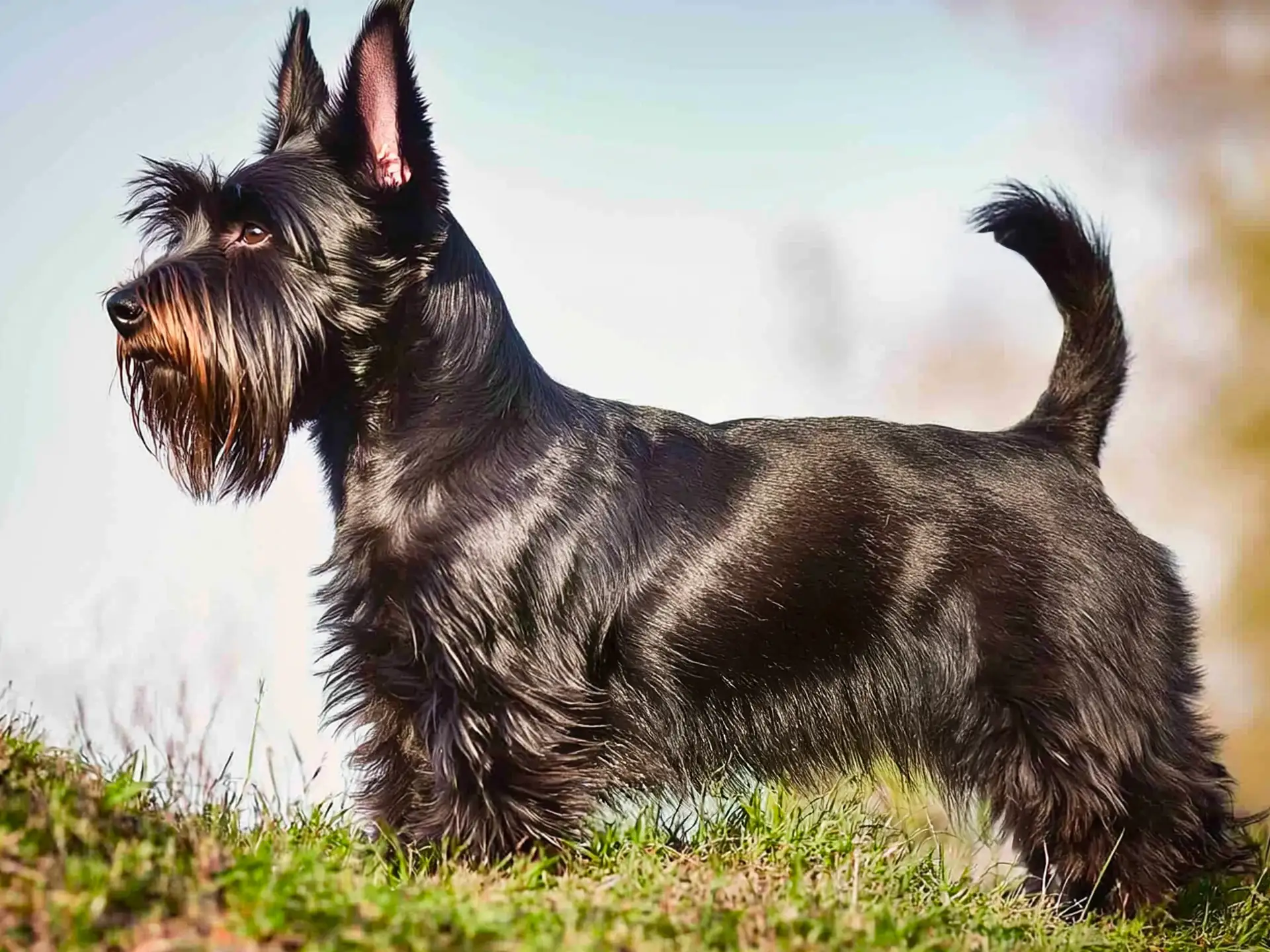 Scottish Terrier standing on grass with erect ears and a wiry black coat