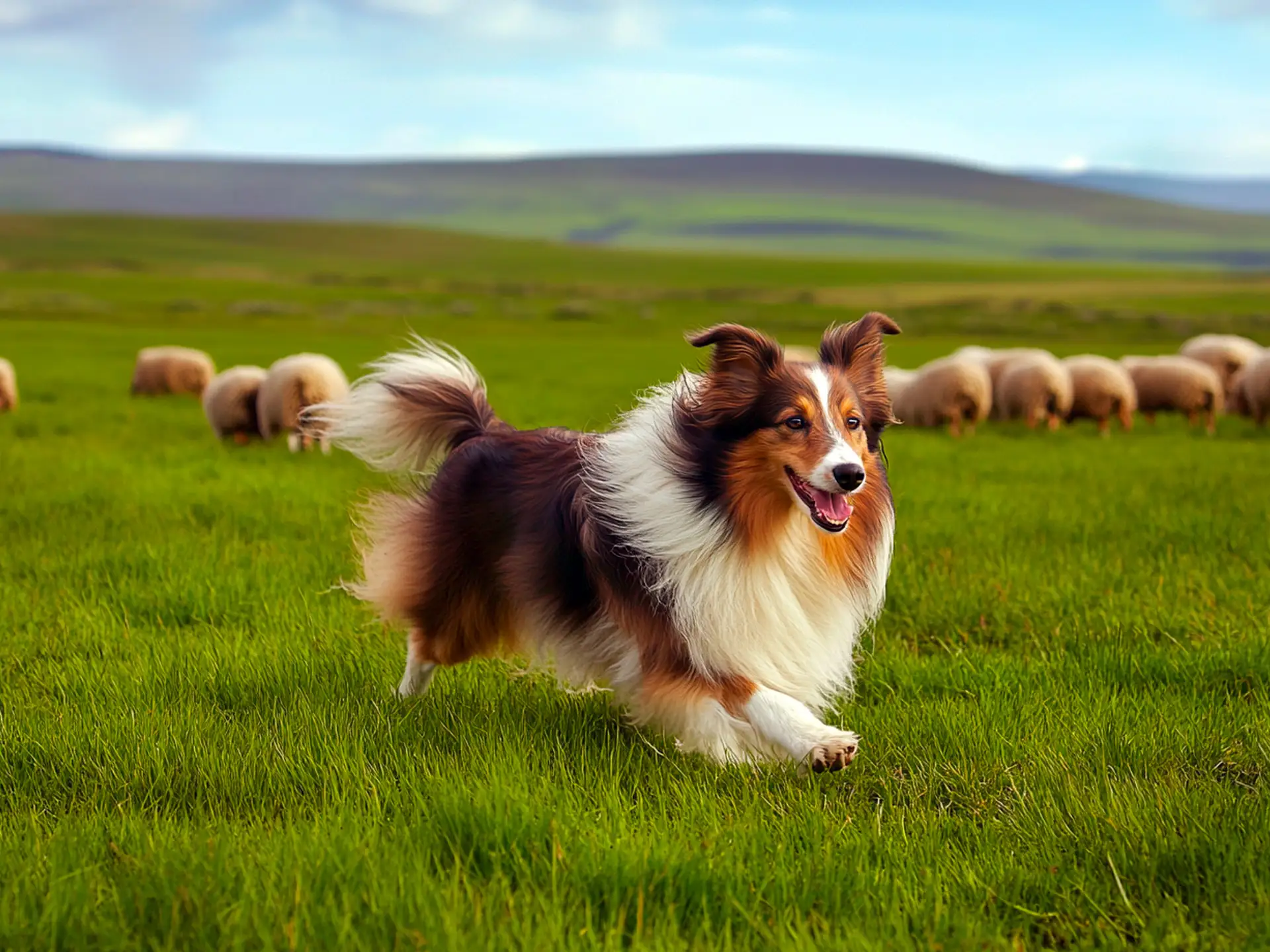 Shetland Sheepdog herding sheep in a green pasture with rolling hills