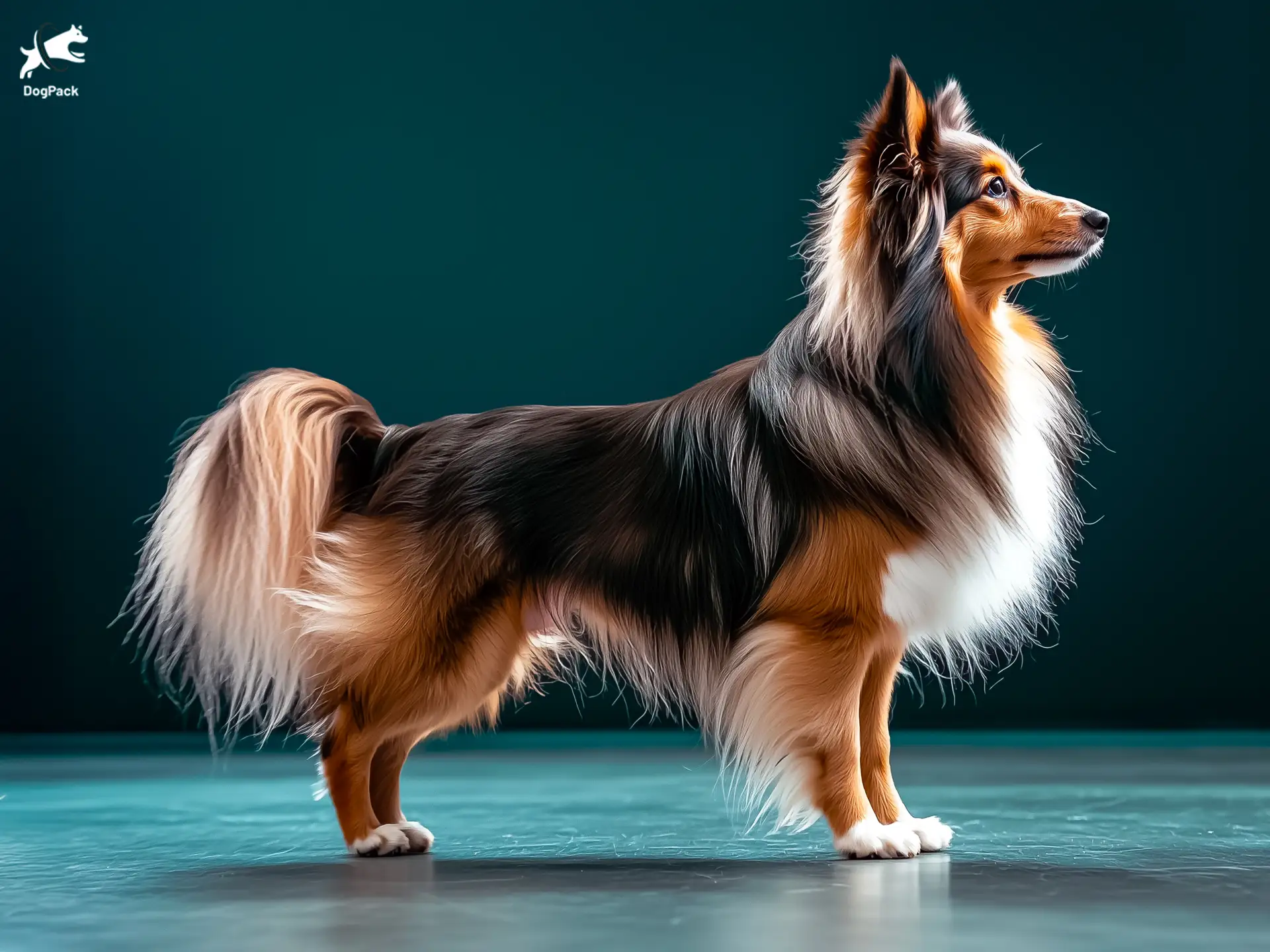 Shetland Sheepdog (Sheltie) Dog breed full body view standing against green background