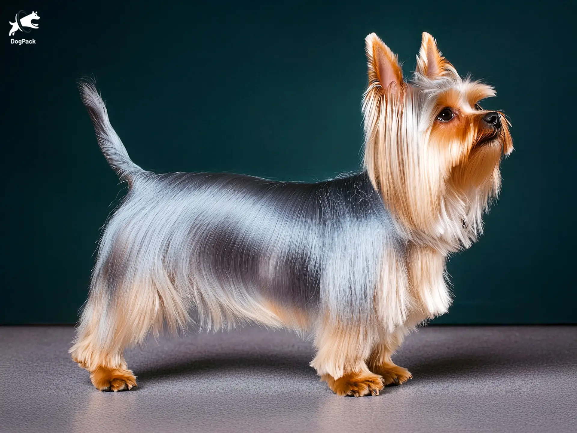 Silky Terrier Dog breed full body view standing against green background