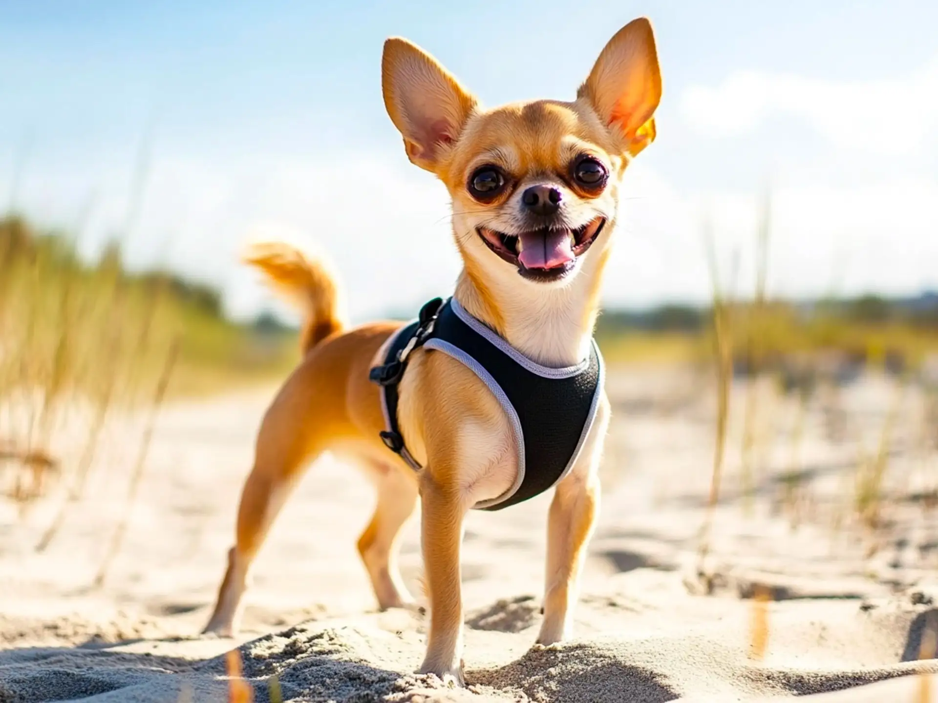 A Chihuahua wearing a lightweight harness on a sunny beach