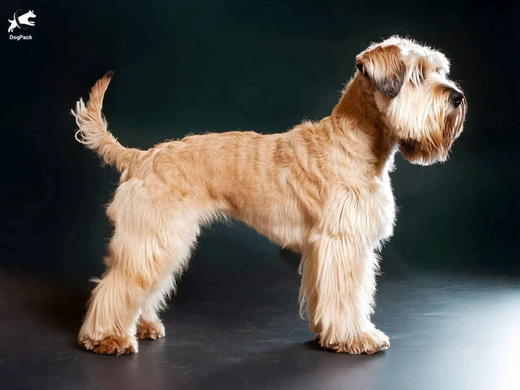 Soft Coated Wheaten Terrier Dog breed full body view standing against green background