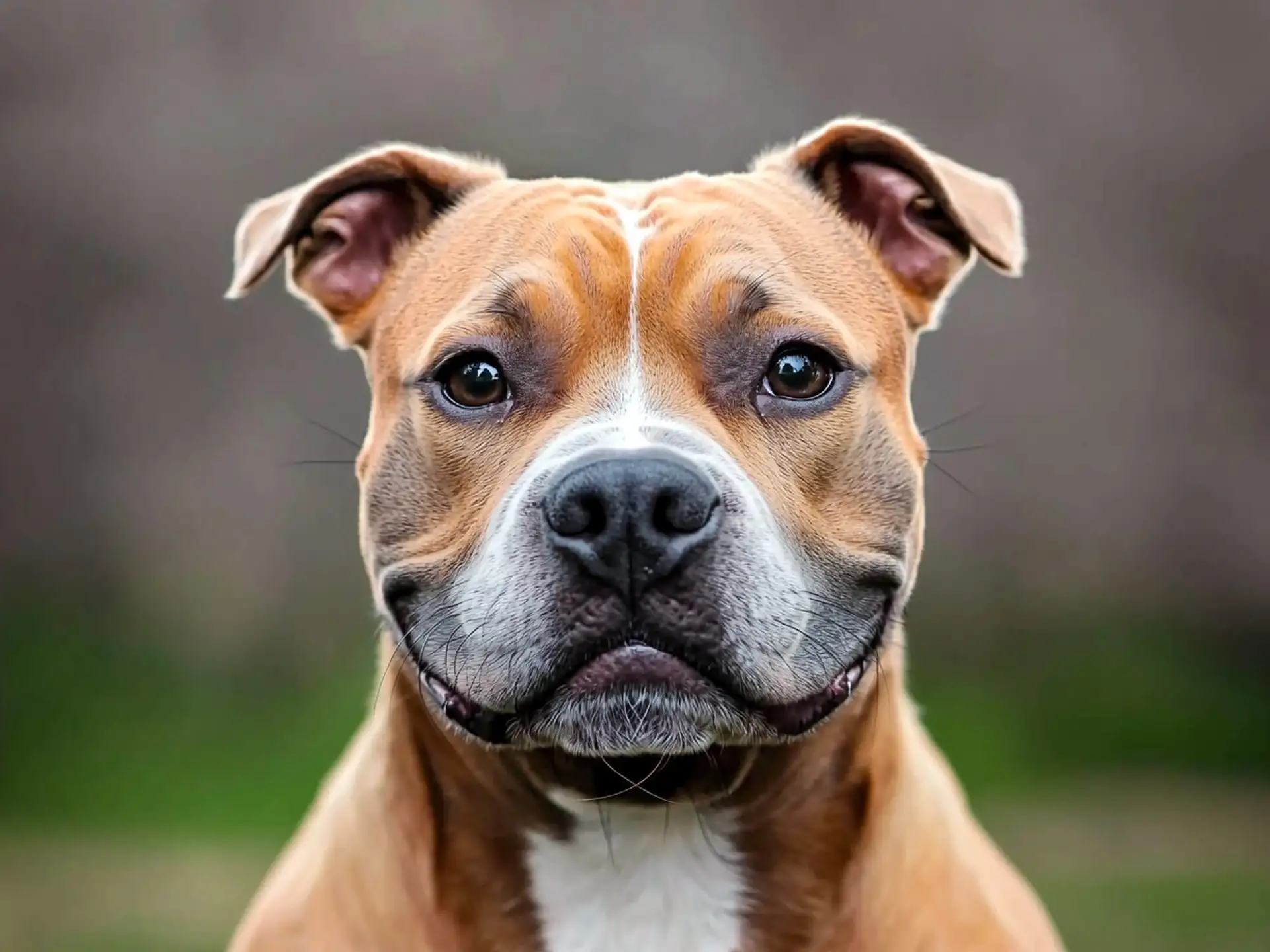 Close-up portrait of a tan and white Staffordshire Bull Terrier with a gentle gaze