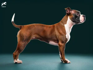 Staffordshire Bull Terrier Dog breed full body view standing against green background