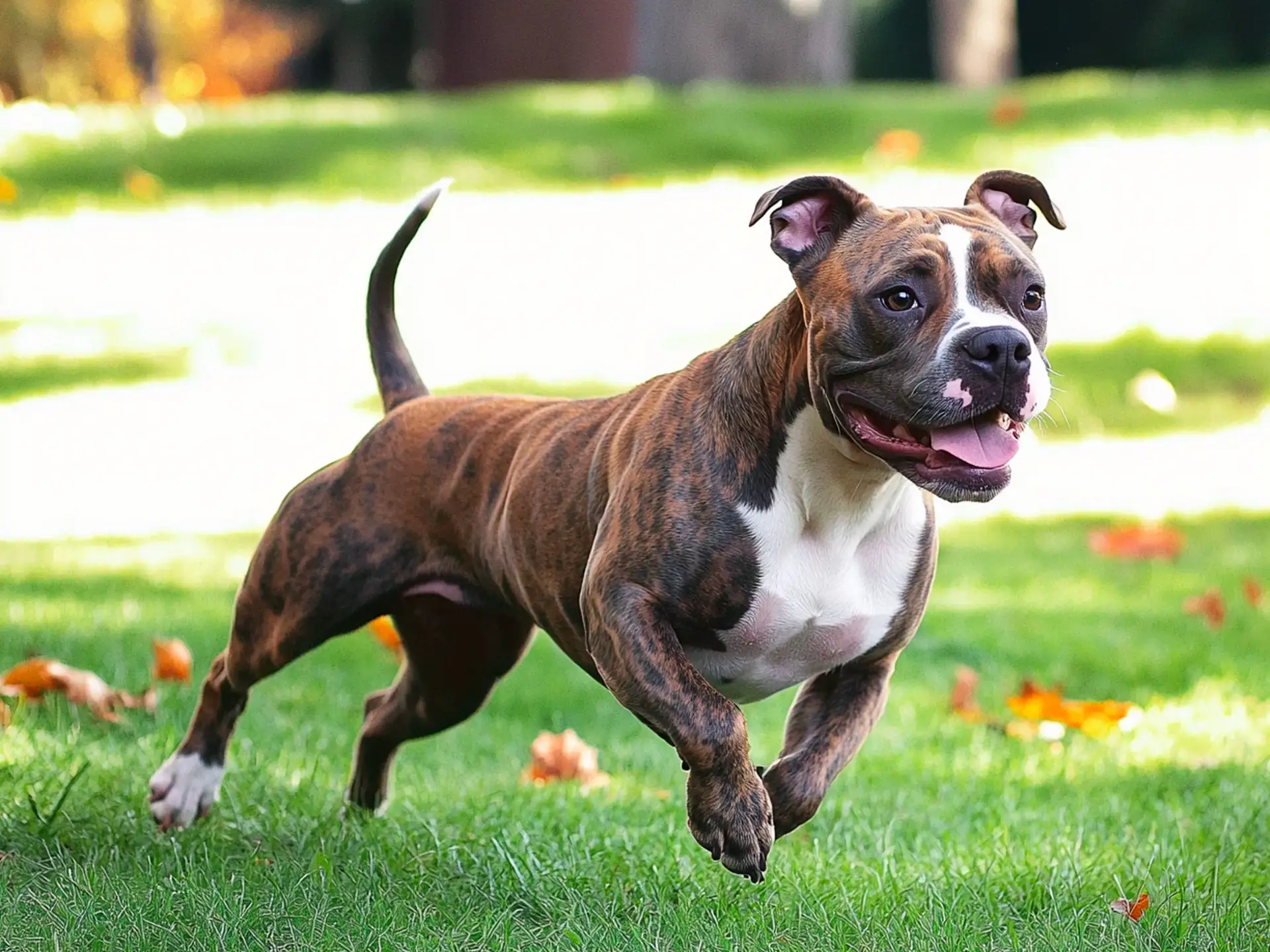 Brindle Staffordshire Bull Terrier running across green grass with a joyful expression