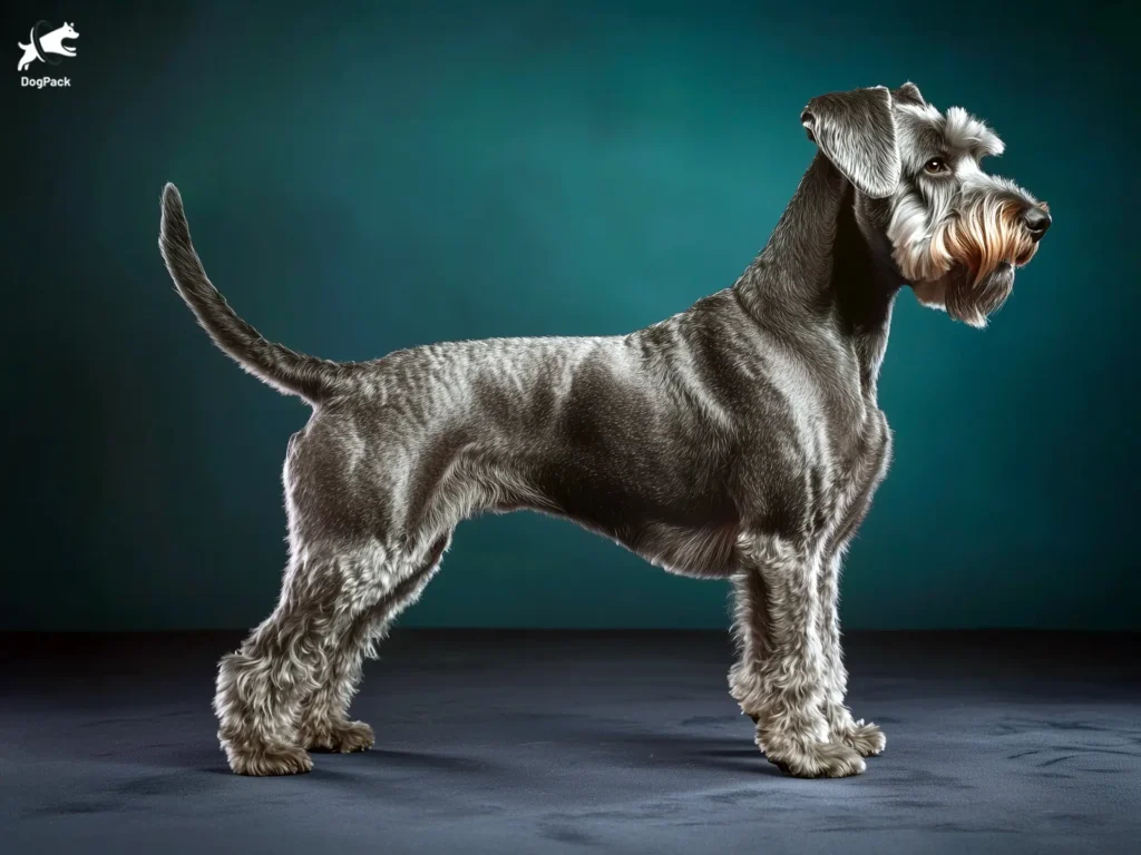 Standard Schnauzer Dog breed full body view standing against green background