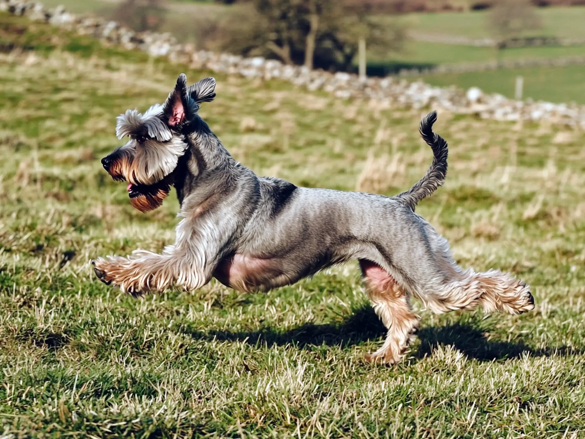 Standard Schnauzer running through an open grassy field, mid-stride