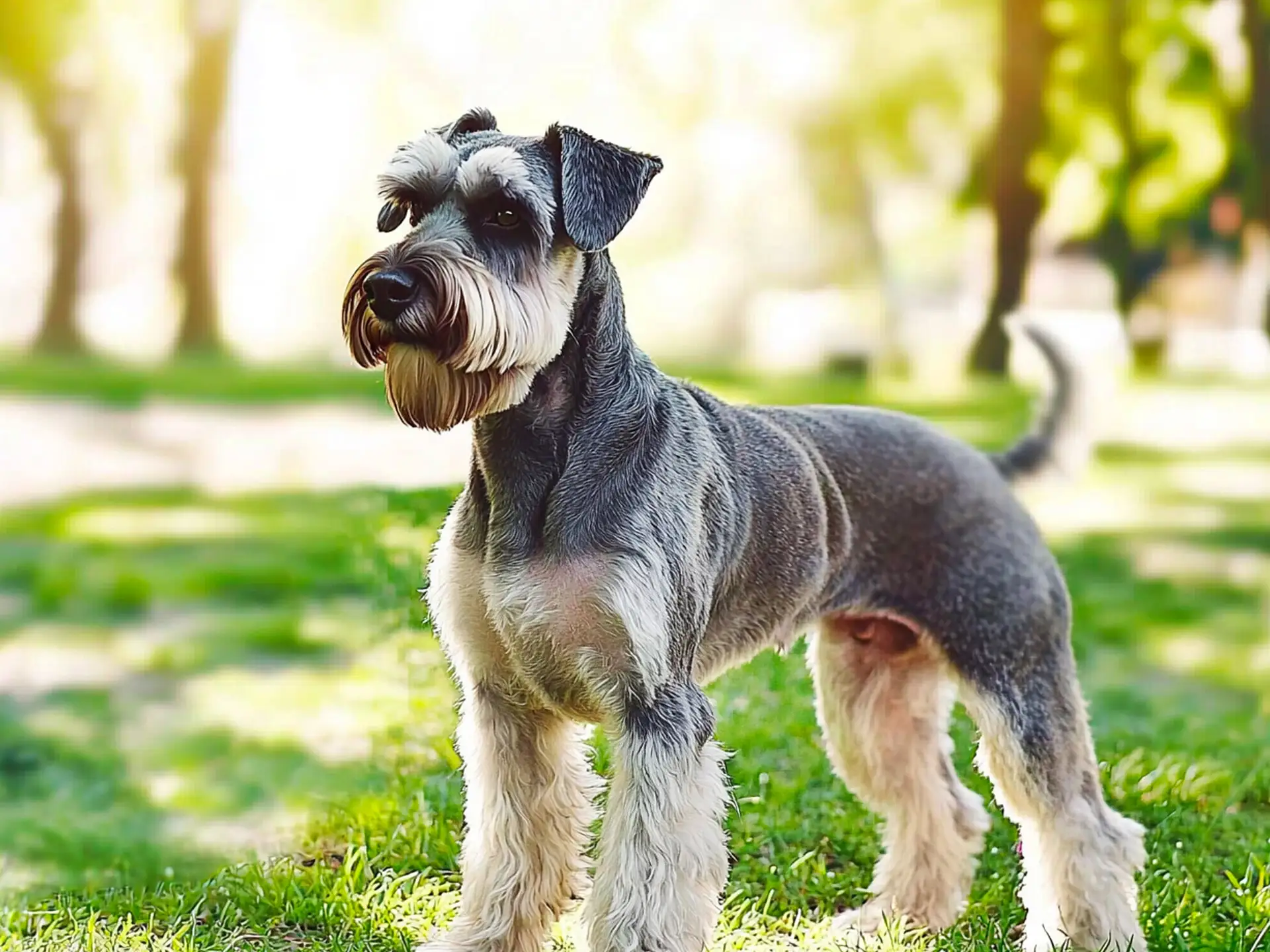 Standard Schnauzer standing in a sunlit park with a confident stance