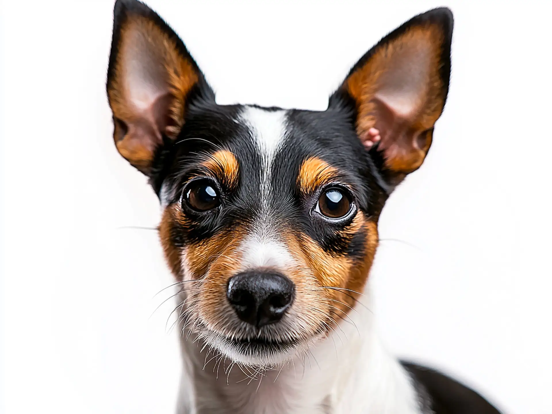 Close-up of a Toy Fox Terrier with large, alert ears and dark eyes