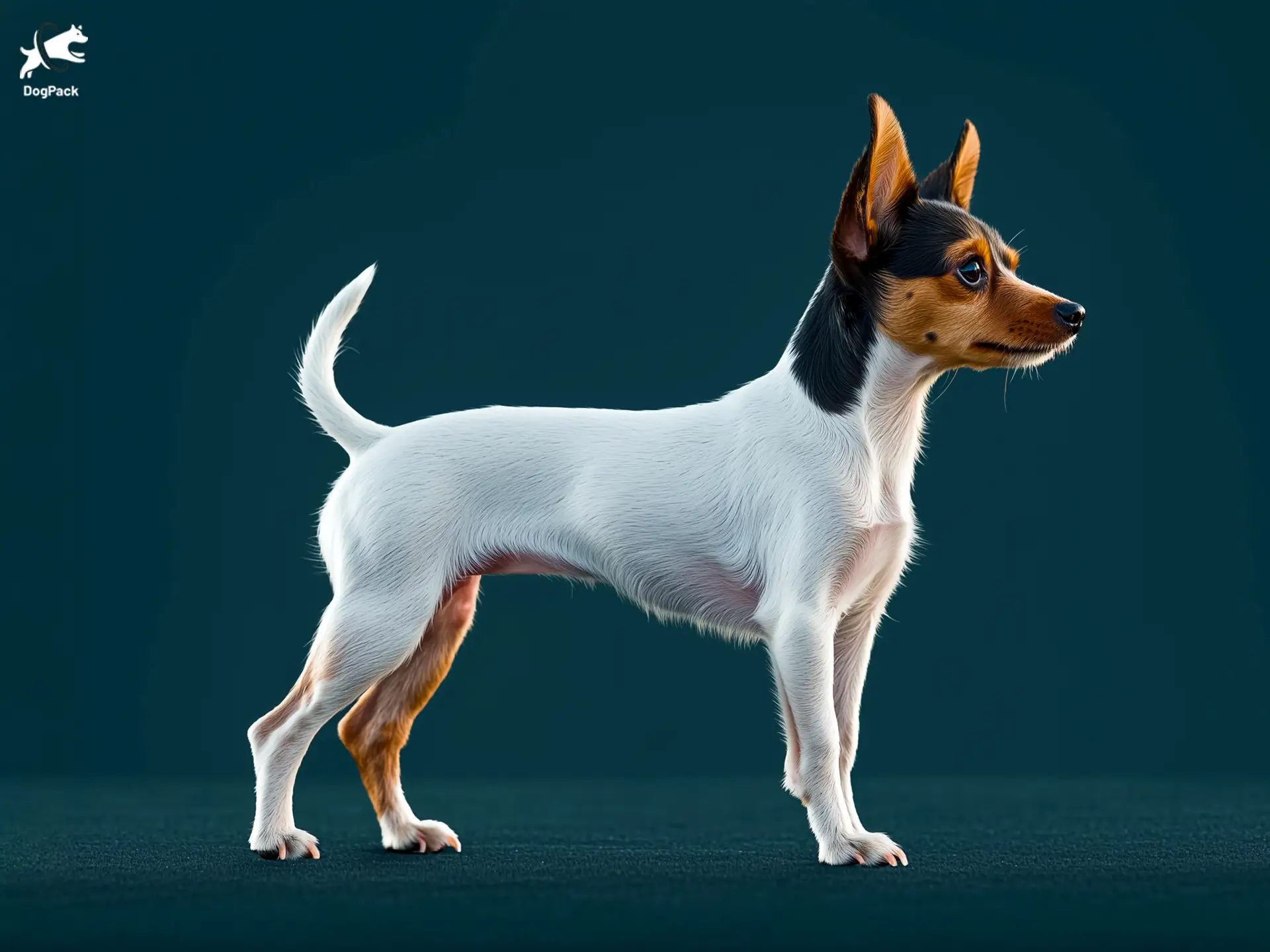 Toy Fox Terrier Dog breed full body view standing against green background