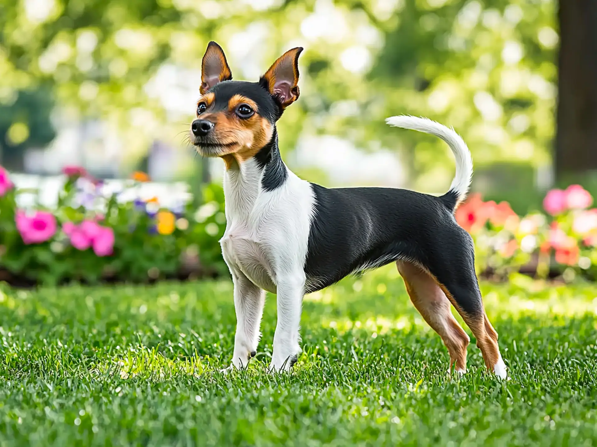 Toy Fox Terrier standing on green grass with colorful flowers in the background