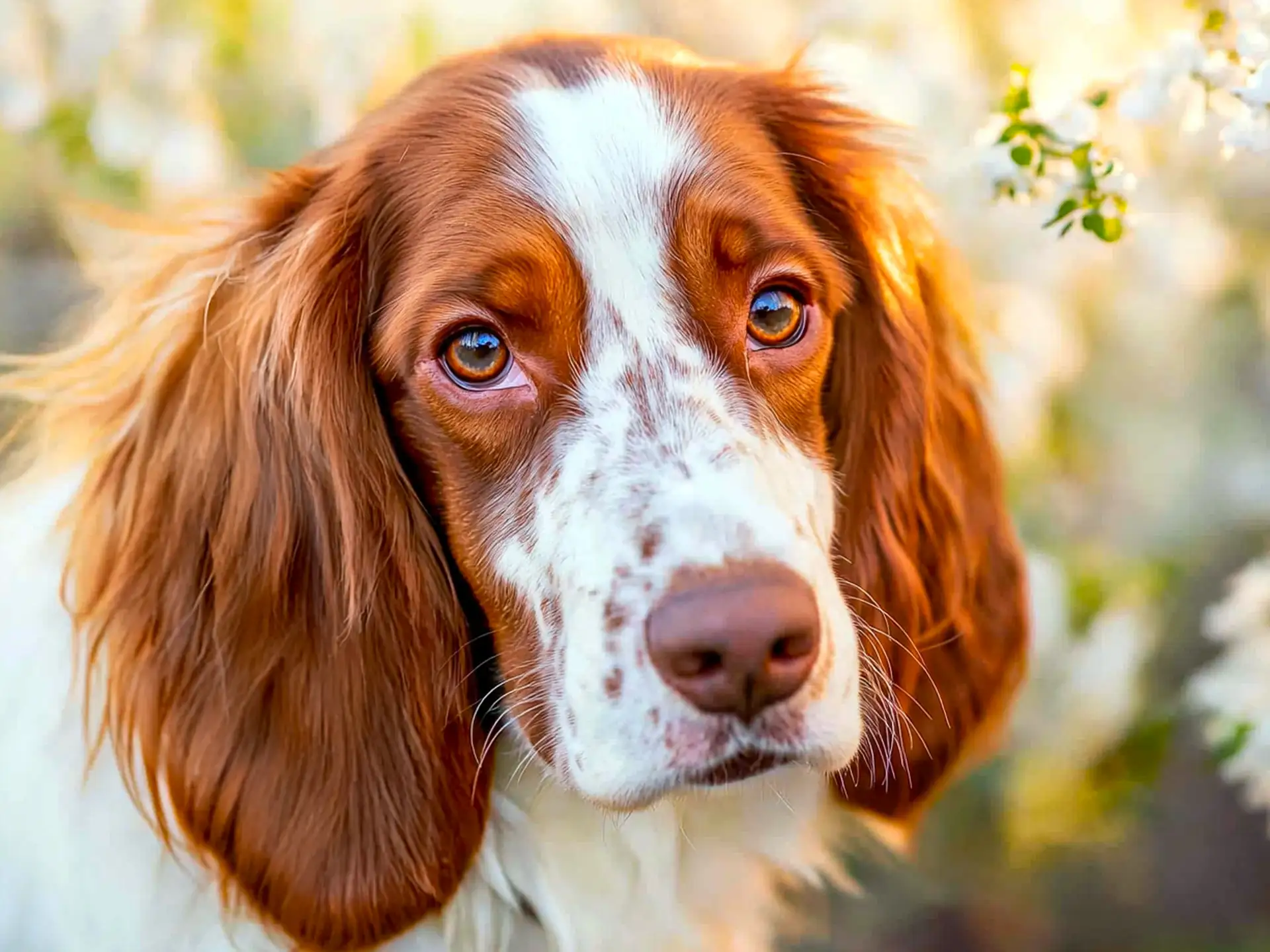 Close-up of a Welsh Springer Spaniel with a red and white coat, gazing warmly