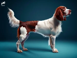 Welsh Springer Spaniel Dog breed full body view standing against green background