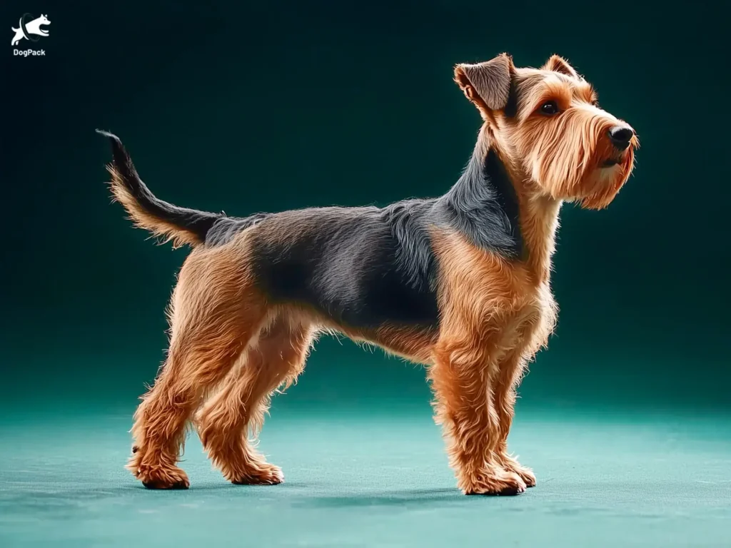 Welsh Terrier Dog breed full body view standing against green background