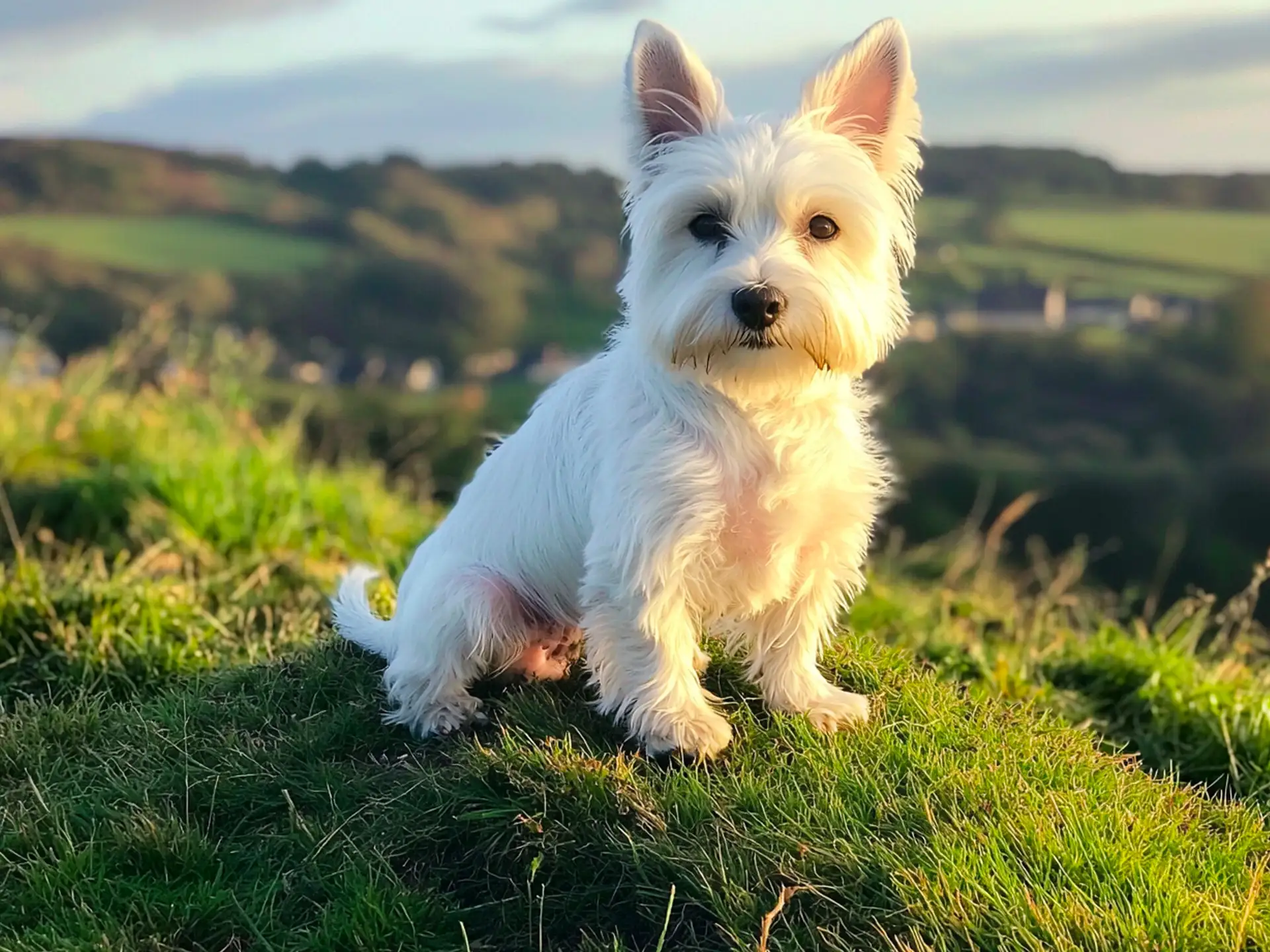 West Highland White Terrier sitting on a hilltop at sunset