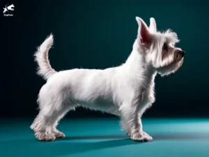 West Highland White Terrier (Westie) Dog breed full body view standing against green background