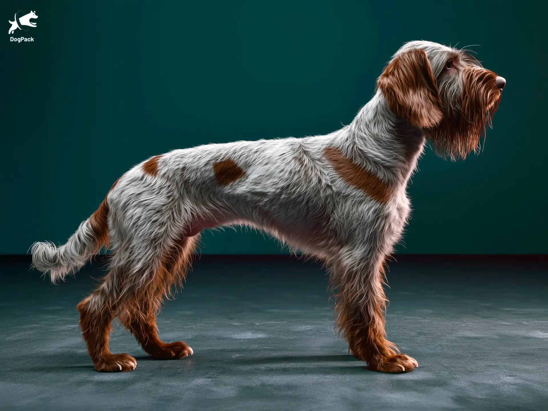 Wirehaired Pointing Griffon (Korthals) Dog breed full body view standing against green background