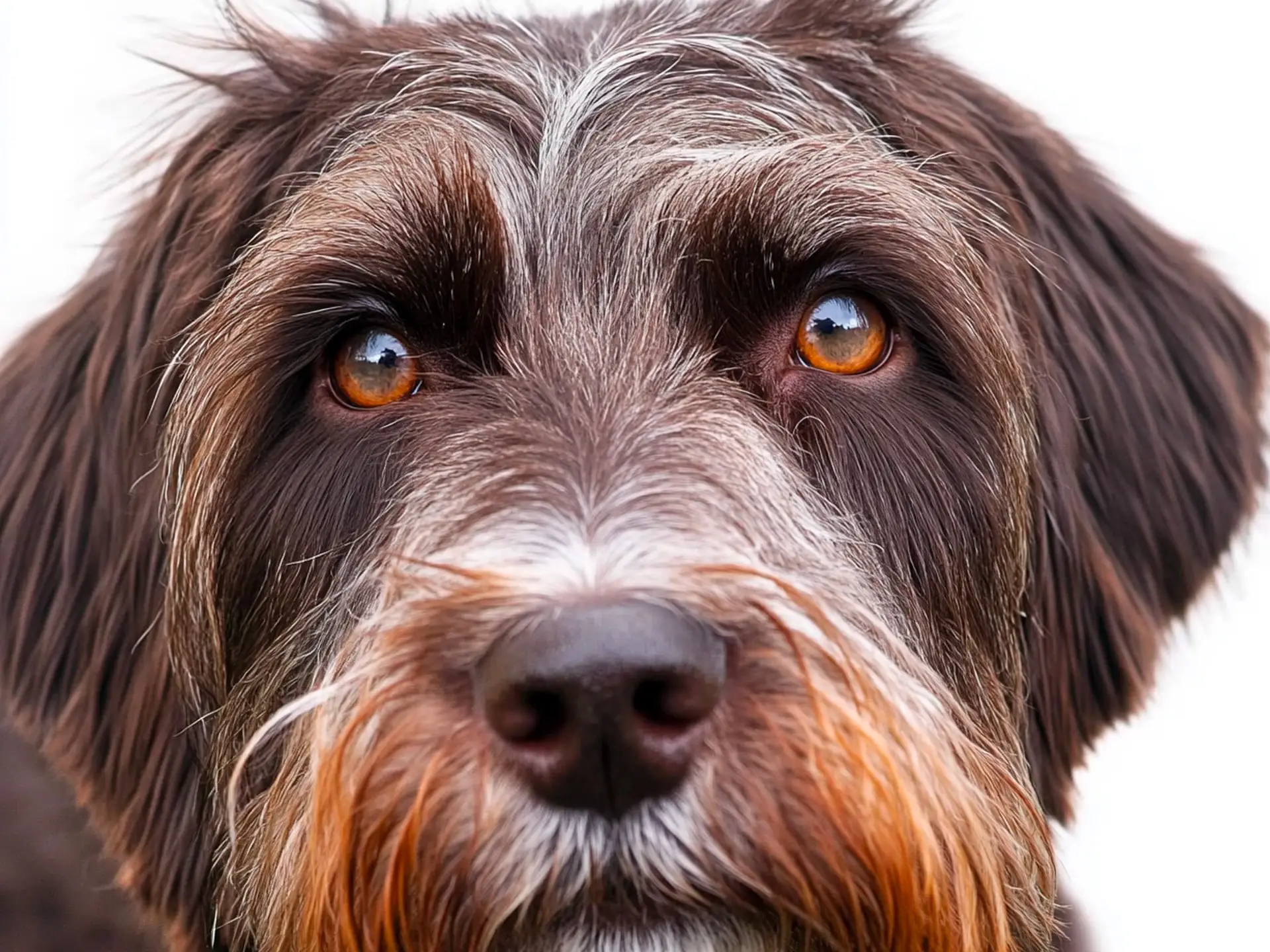 Portrait of a Wirehaired Pointing Griffon (Korthals) with a white background, highlighting its distinctive wiry fur