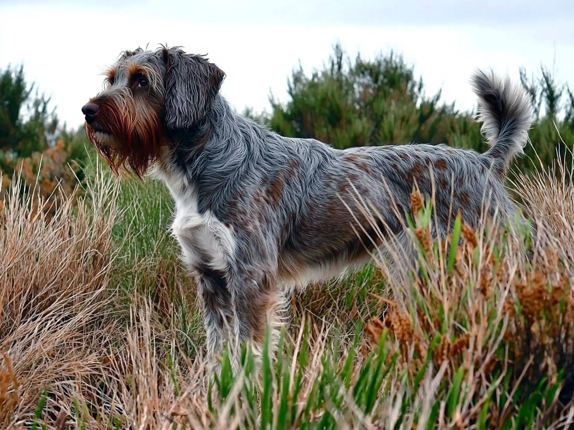 Wirehaired Pointing Griffon (Korthals) standing in a grassy field, showcasing its dense, wiry coat