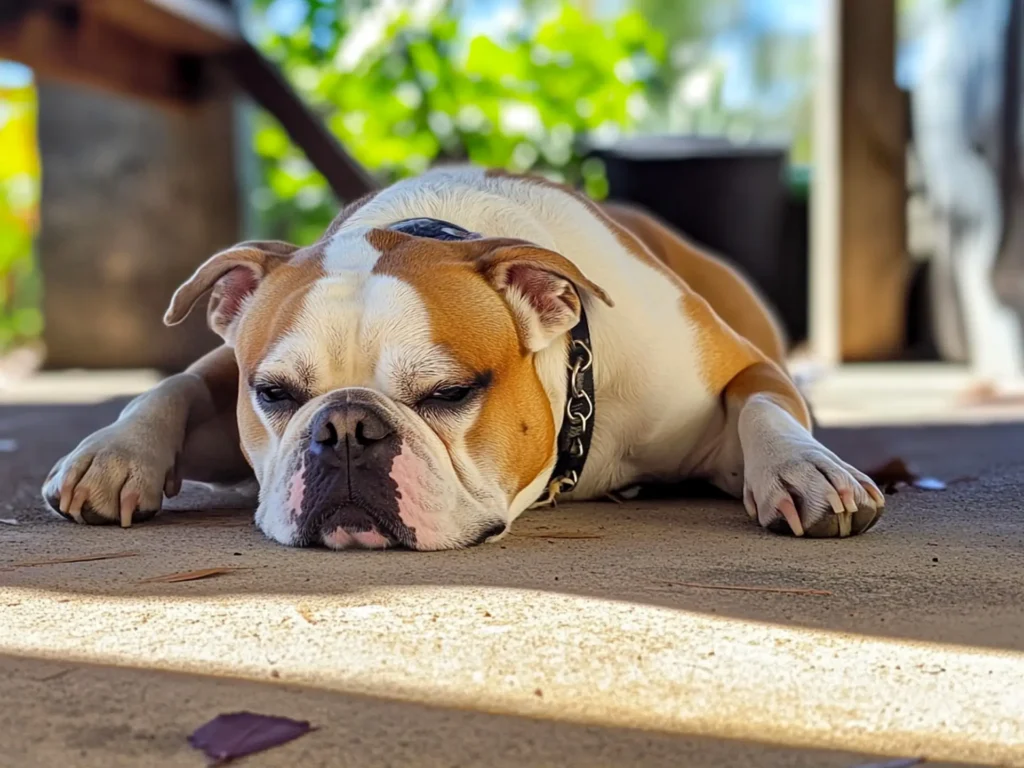 An English Bulldog panting in the shade on a hot day