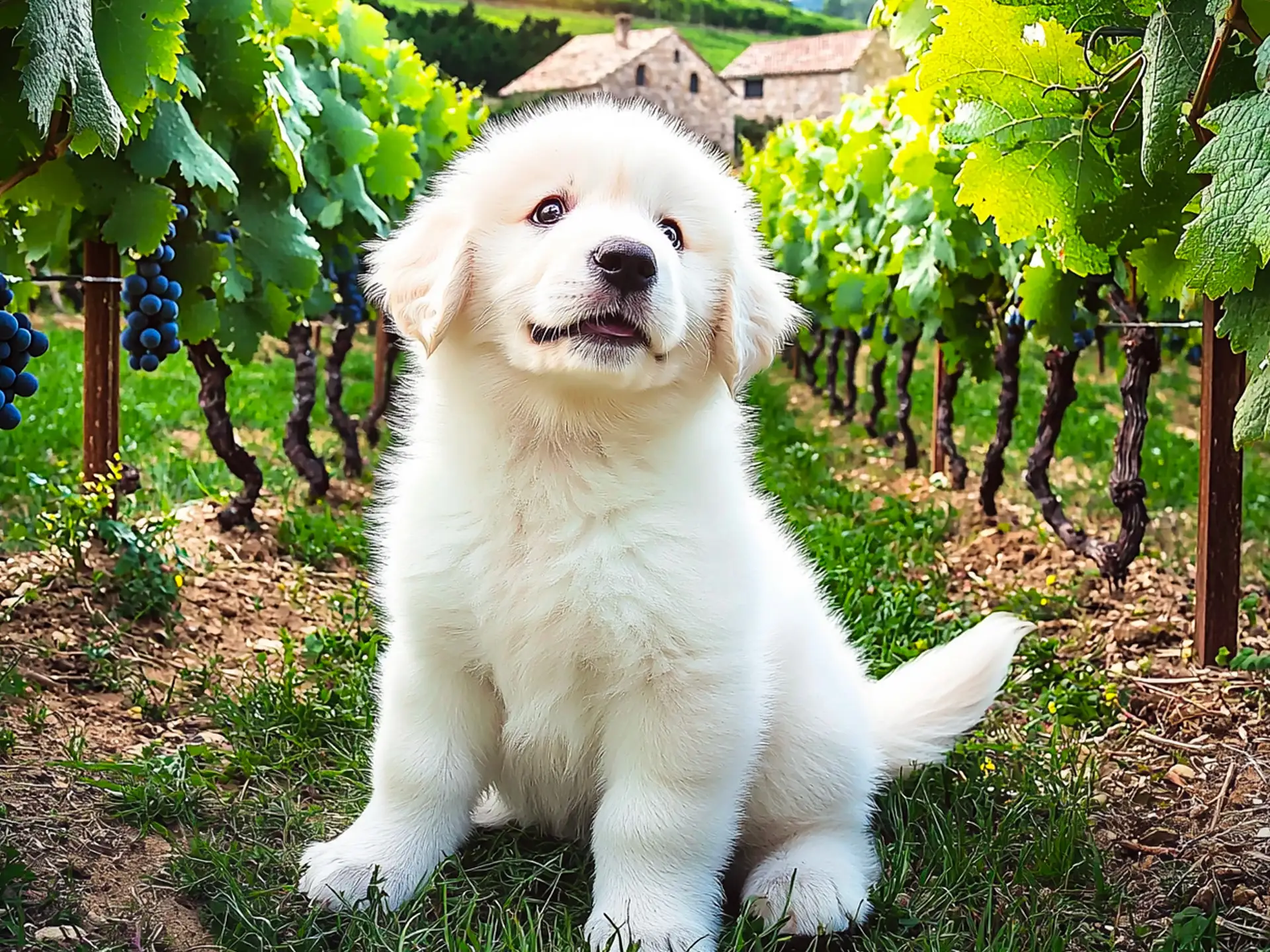 A fluffy 3 month-old Great Pyrenees puppy sitting among vineyard rows, surrounded by lush green grapevines and an old stone farmhouse in the background.