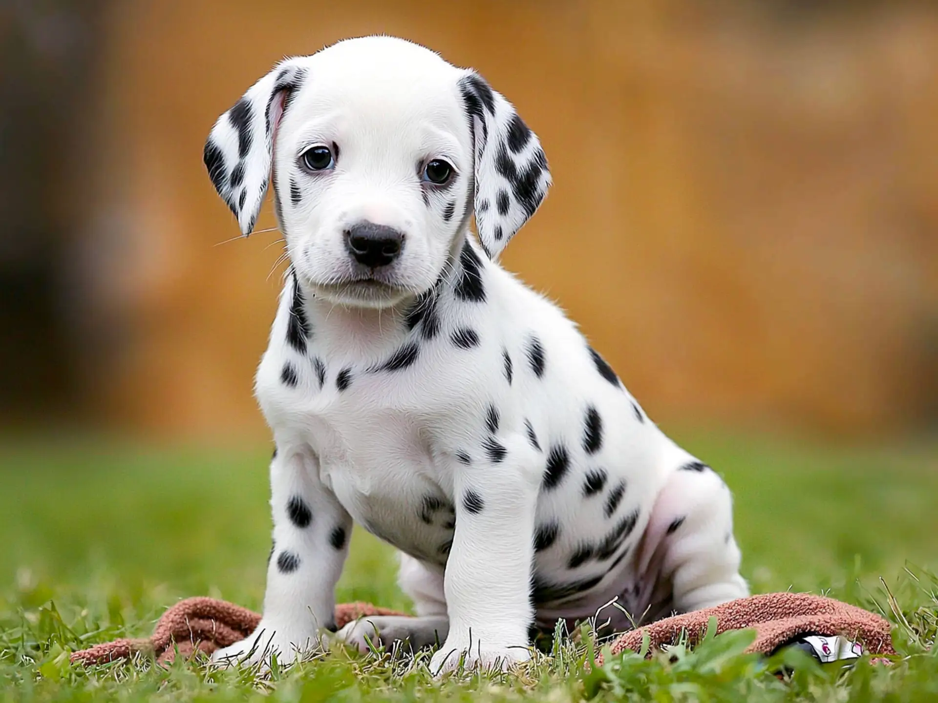 6-week-old Dalmatian puppy with black spots sitting outdoors on a blanket