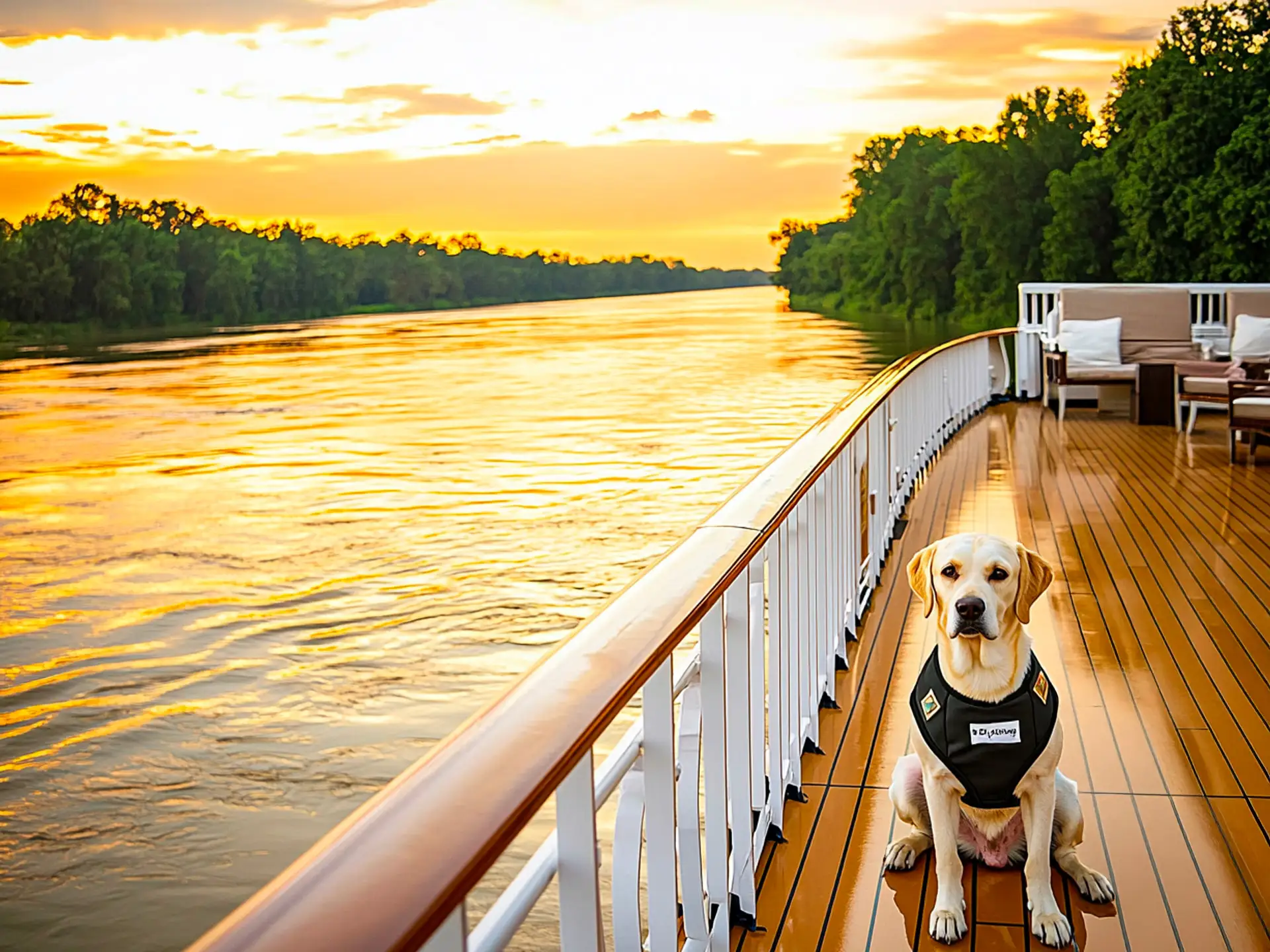 A service dog sitting calmly on the deck of an American Cruise Lines river ship, highlighting dog-friendly cruise lines for service animals