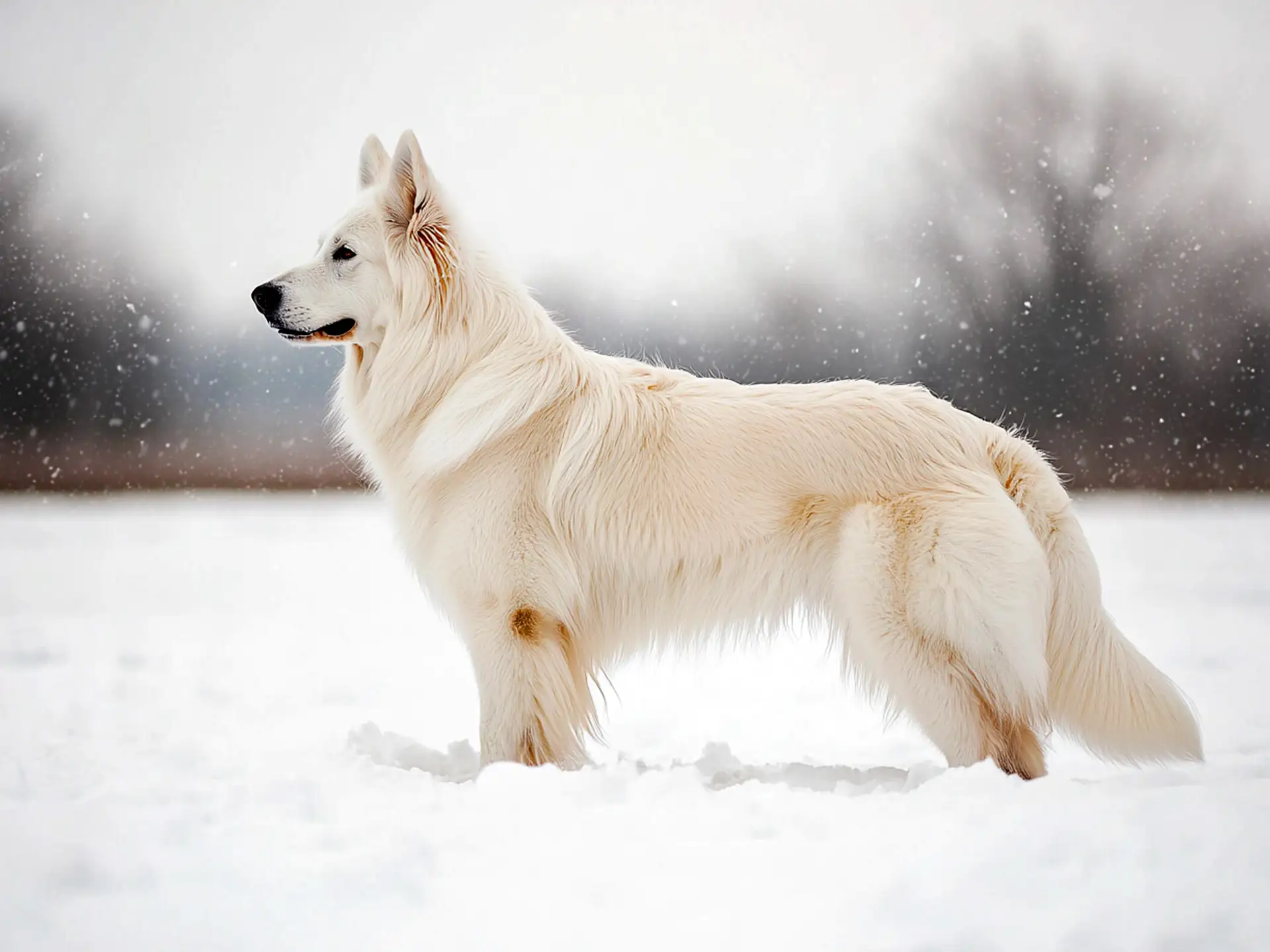 American White Shepherd standing in the snow, showcasing its thick winter coat and strong build.