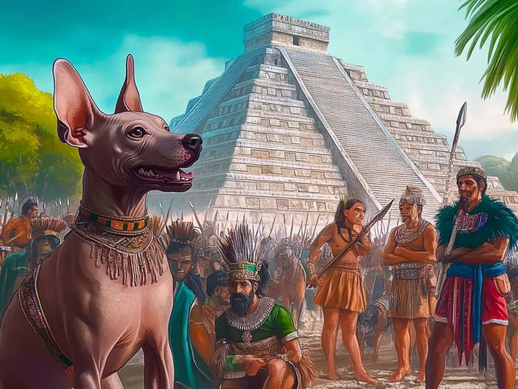 An artistic representation of Xoloitzcuintlis within an ancient Aztec ceremonial setting, highlighting their cultural significance