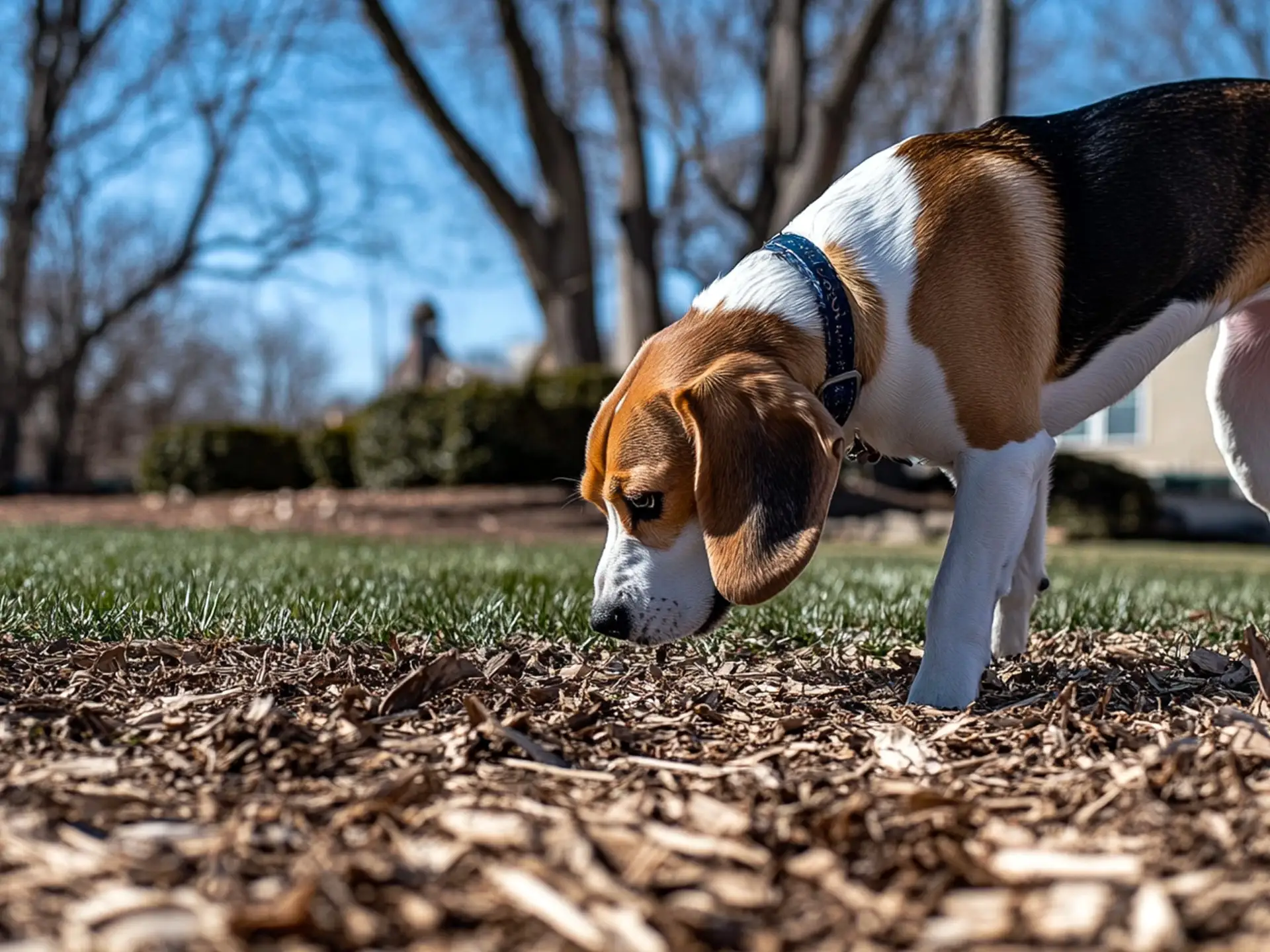 An inquisitive Beagle exploring a yard, demonstrating an easygoing breed choice for novice owners