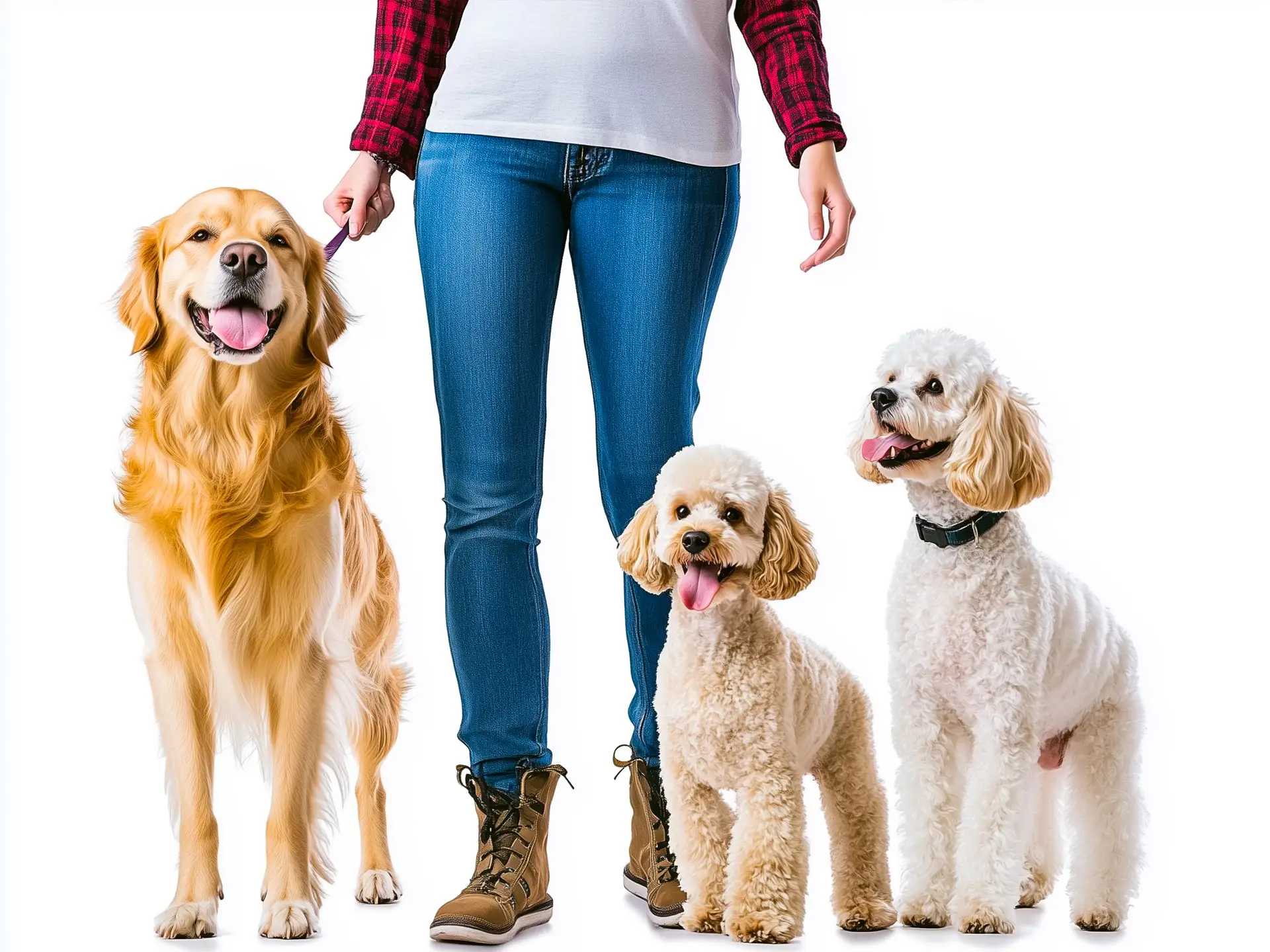 Various beginner-friendly dog breeds posing with a first-time owner