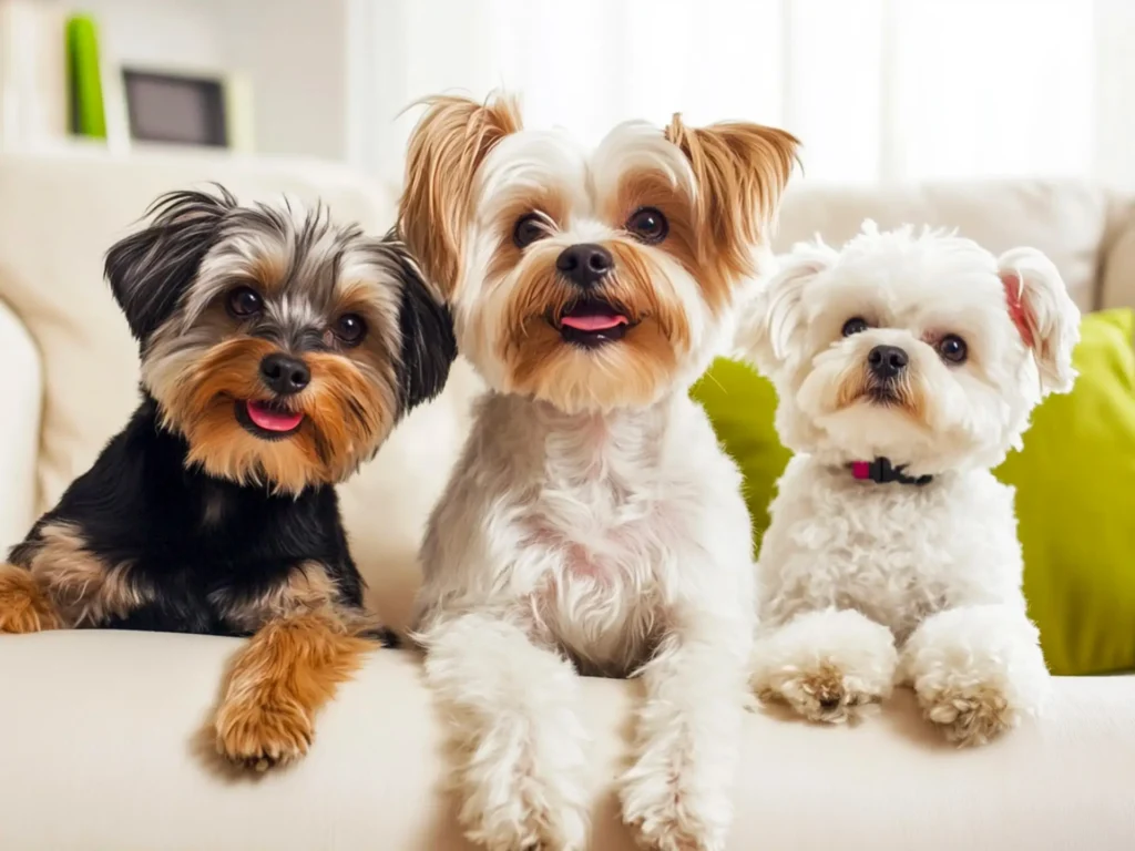 Three small, beginner-friendly dog breeds relaxing in a living room.