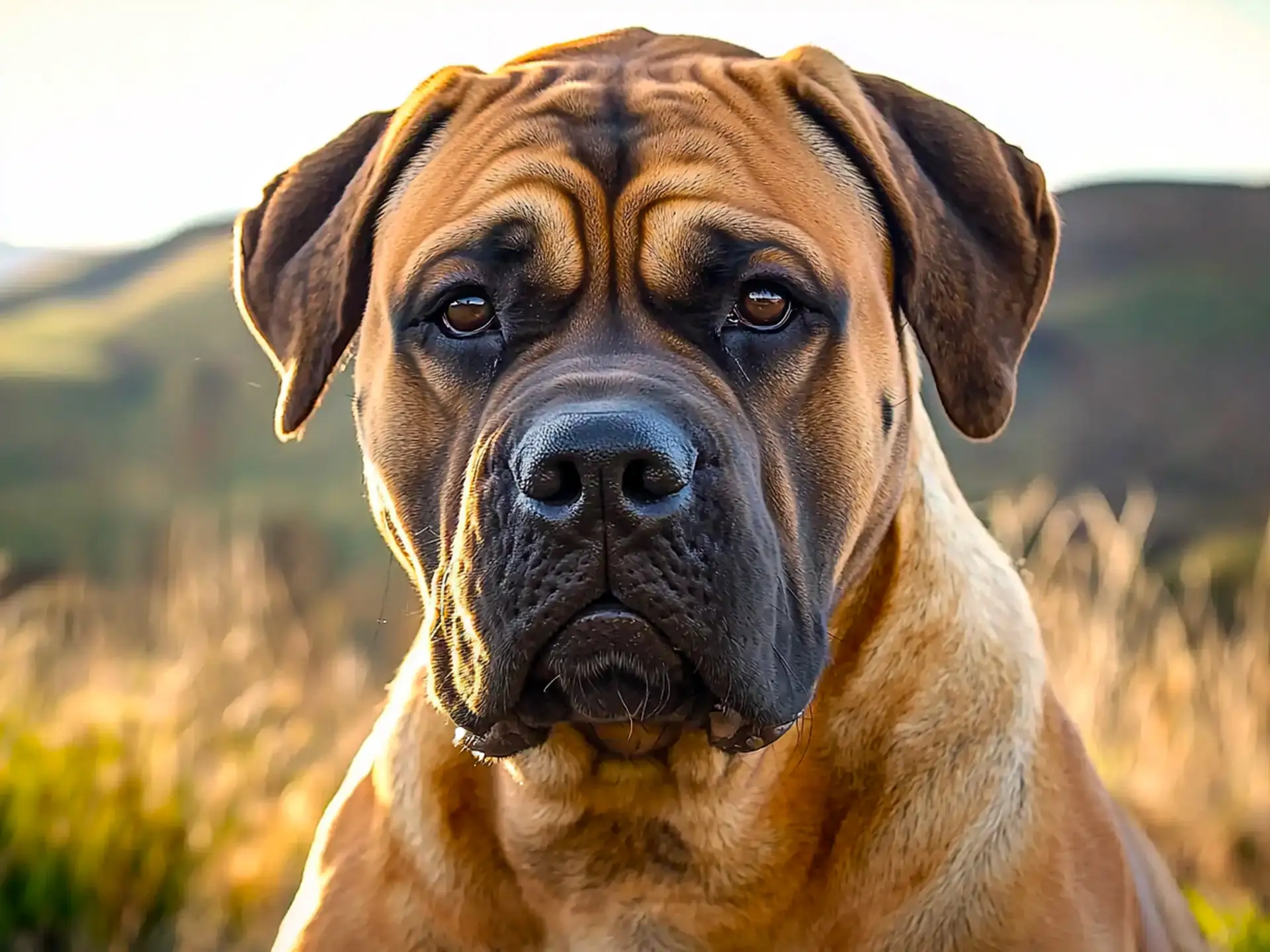 Close-up of a Boerboel's wrinkled face with deep brown eyes, emphasizing its powerful jaw and watchful expression.