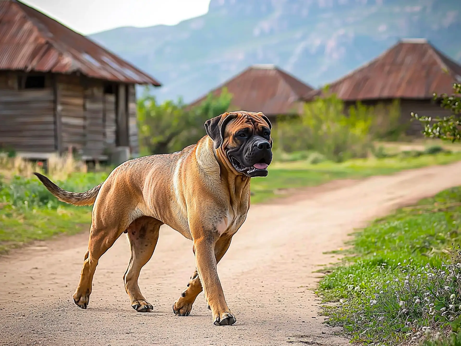 Athletic Boerboel walking along a rural path with traditional huts in the background, highlighting its confident and protective nature.