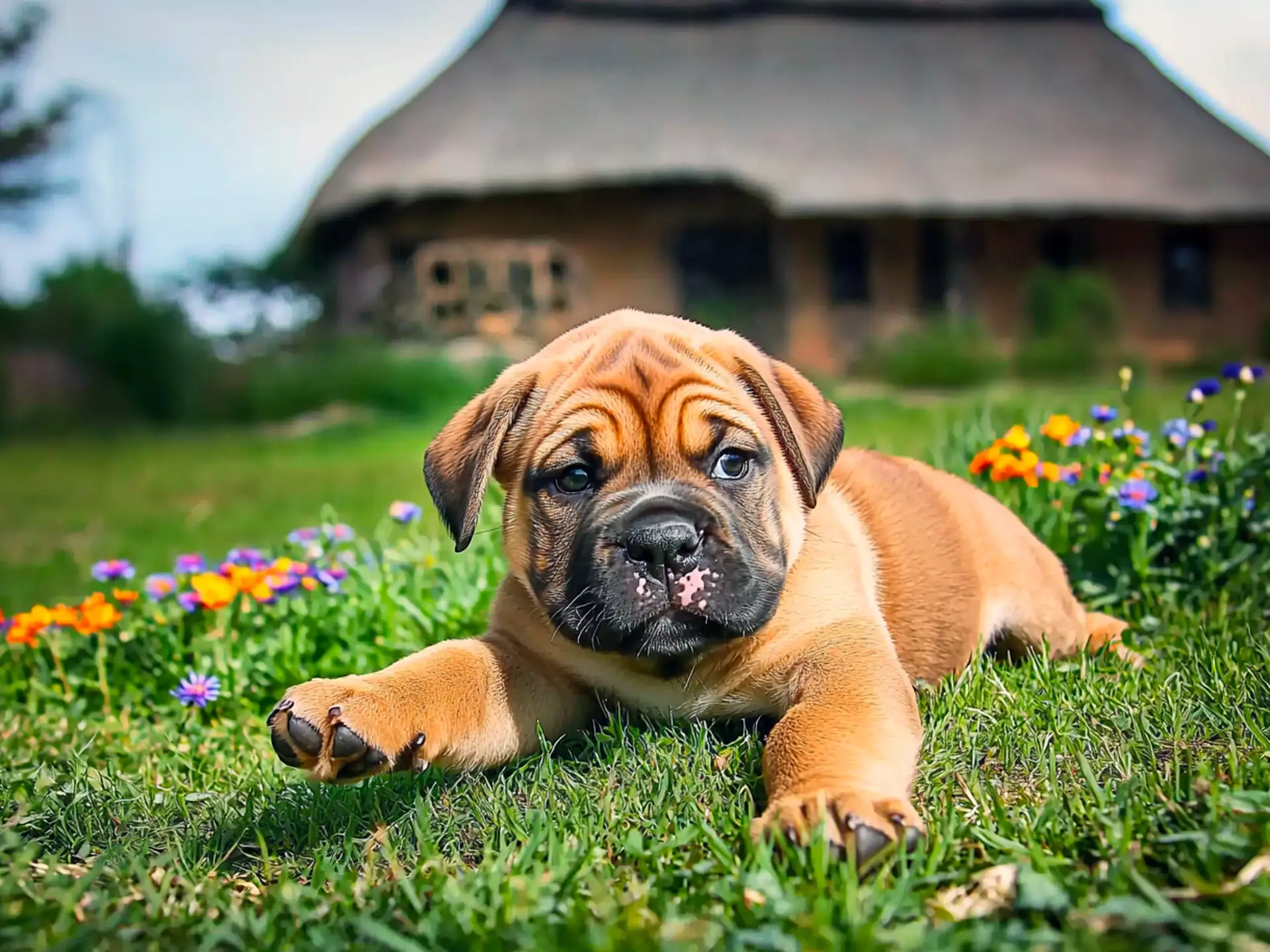 Adorable Boerboel puppy lying on green grass with flowers, showing its wrinkled face and playful nature.