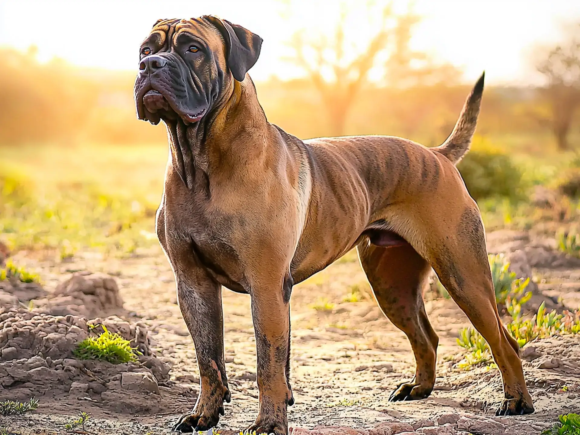 Strong and muscular Boerboel standing in a rugged outdoor landscape, showcasing its powerful build and alert expression.