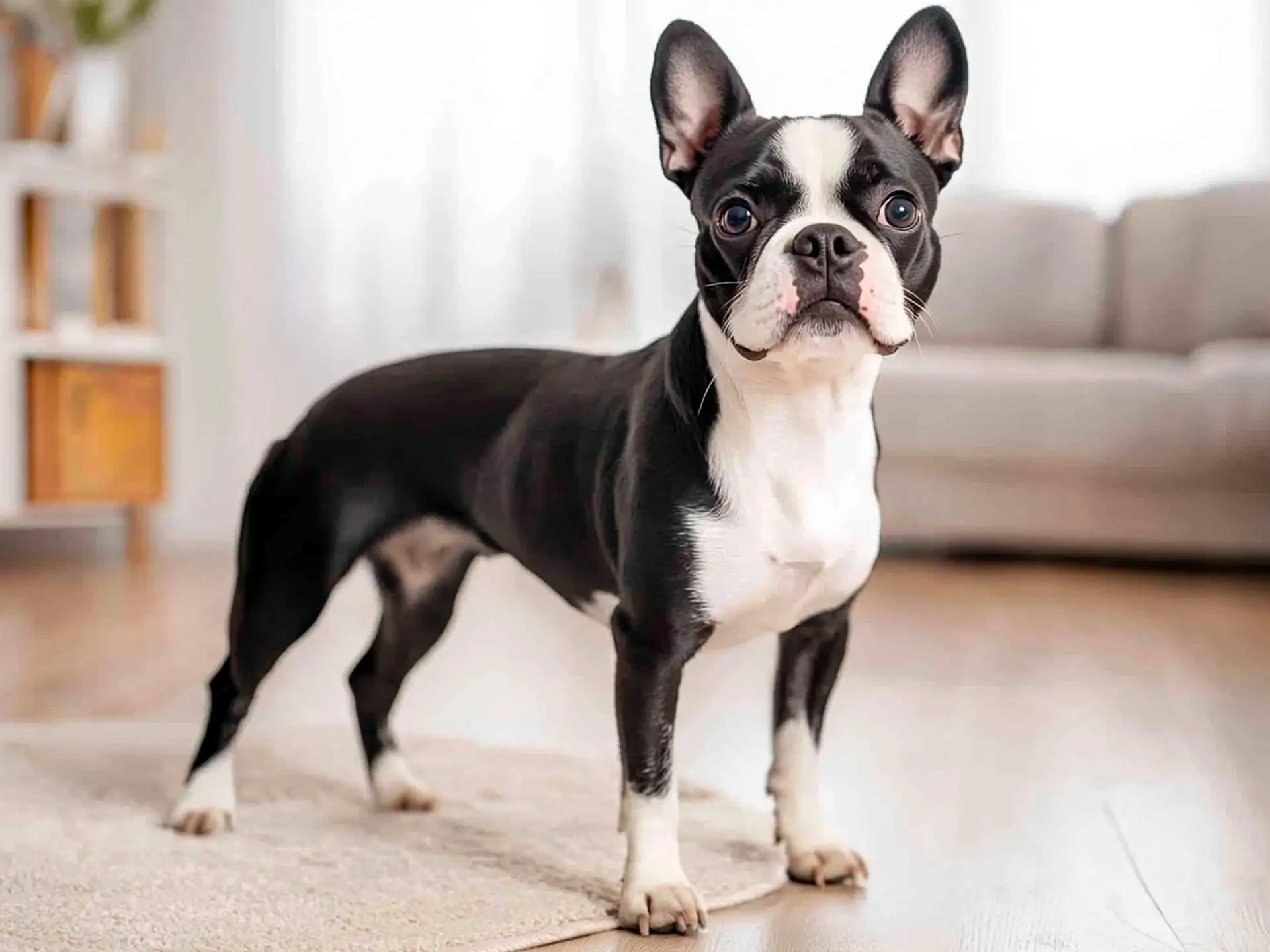 A poised Boston Terrier, showcasing a smart, compact dog breed perfect for first-time owners