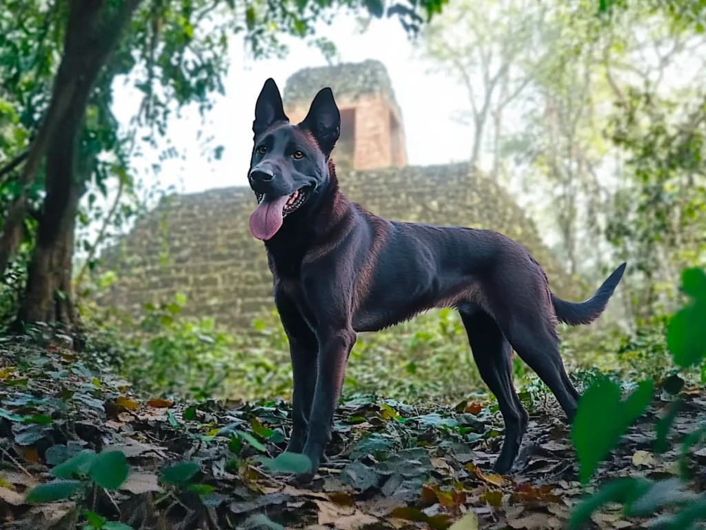 A Calupoh, also known as the Mexican Wolfdog, standing in a forest near Aztec ruins, emphasizing its historic roots