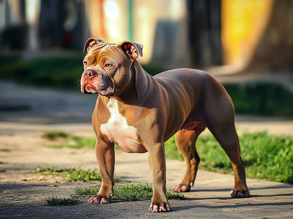 A strong, muscular Chamuco (Mexican Pitbull) standing in a sunlit alley, highlighting the breed’s robust physique and confident posture