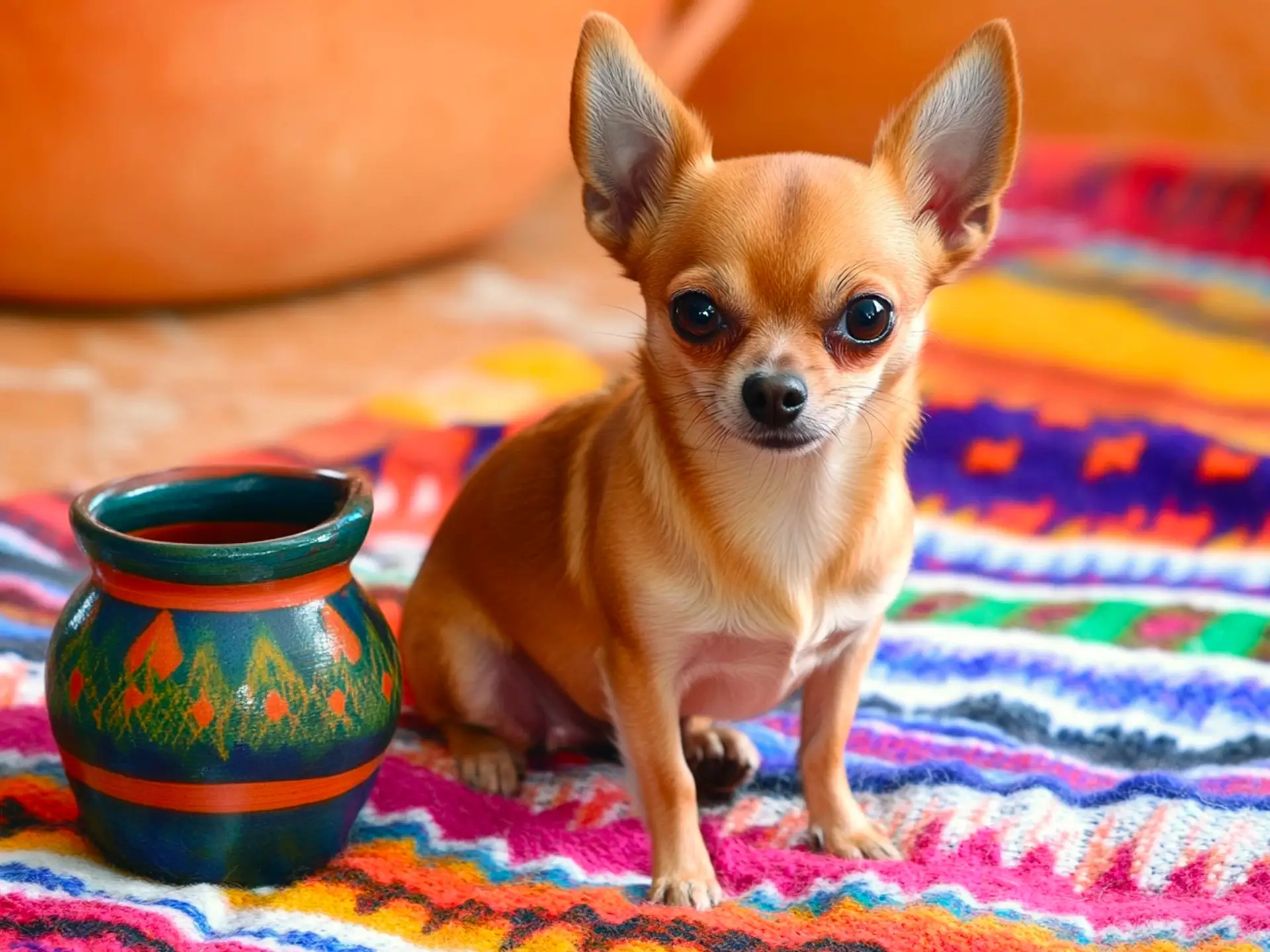 A small Chihuahua sitting on a vibrant Mexican blanket, highlighting its heritage as one of the dog breeds from Mexico