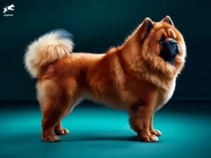 Chow Chow dog breed full body view standing against green background