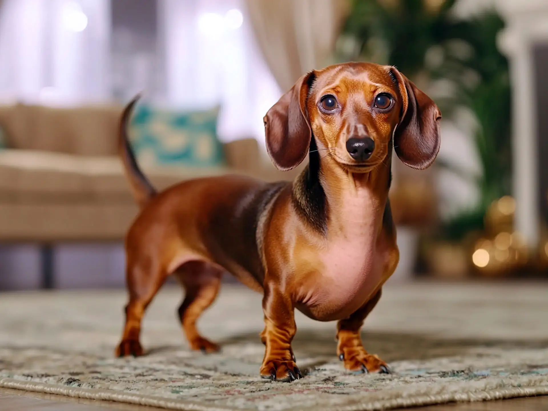 A Dachshund standing in a cozy home, showcasing its long body and short legs. A friendly, loyal breed perfect for first-time dog owners