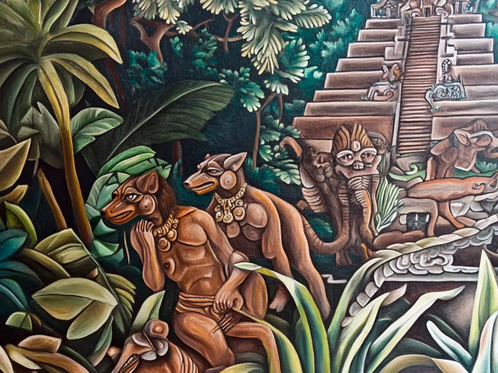 Aztec mural showing hairless Mexican dog with ancient symbols