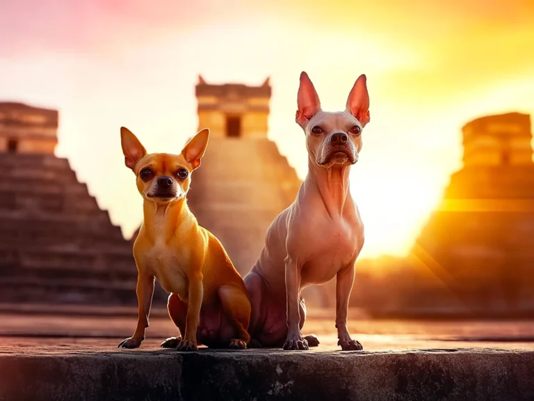 Prominent dog breeds from Mexico, a Xoloitzcuintli and a Chihuahua