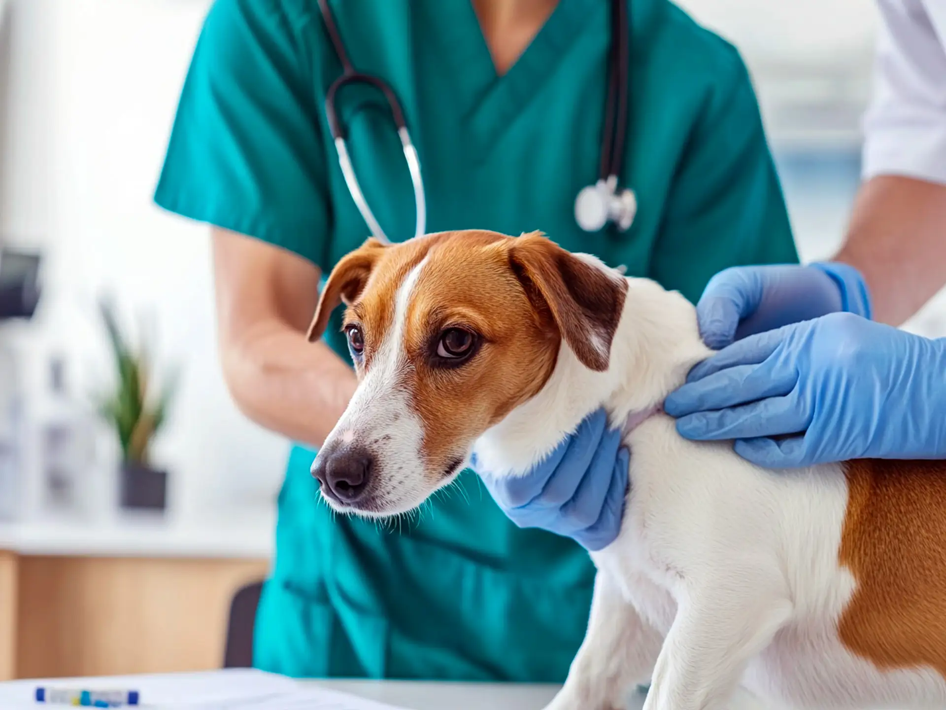 A veterinarian examining a dog, accompanied by graphics illustrating vaccinations, microchips, and legal documents