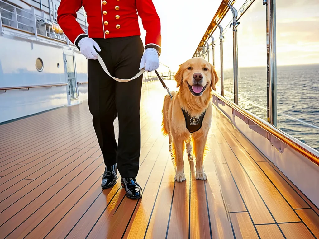 A Golden Retriever with a uniformed crew member on a luxury cruise ship deck, highlighting dog-friendly cruise lines