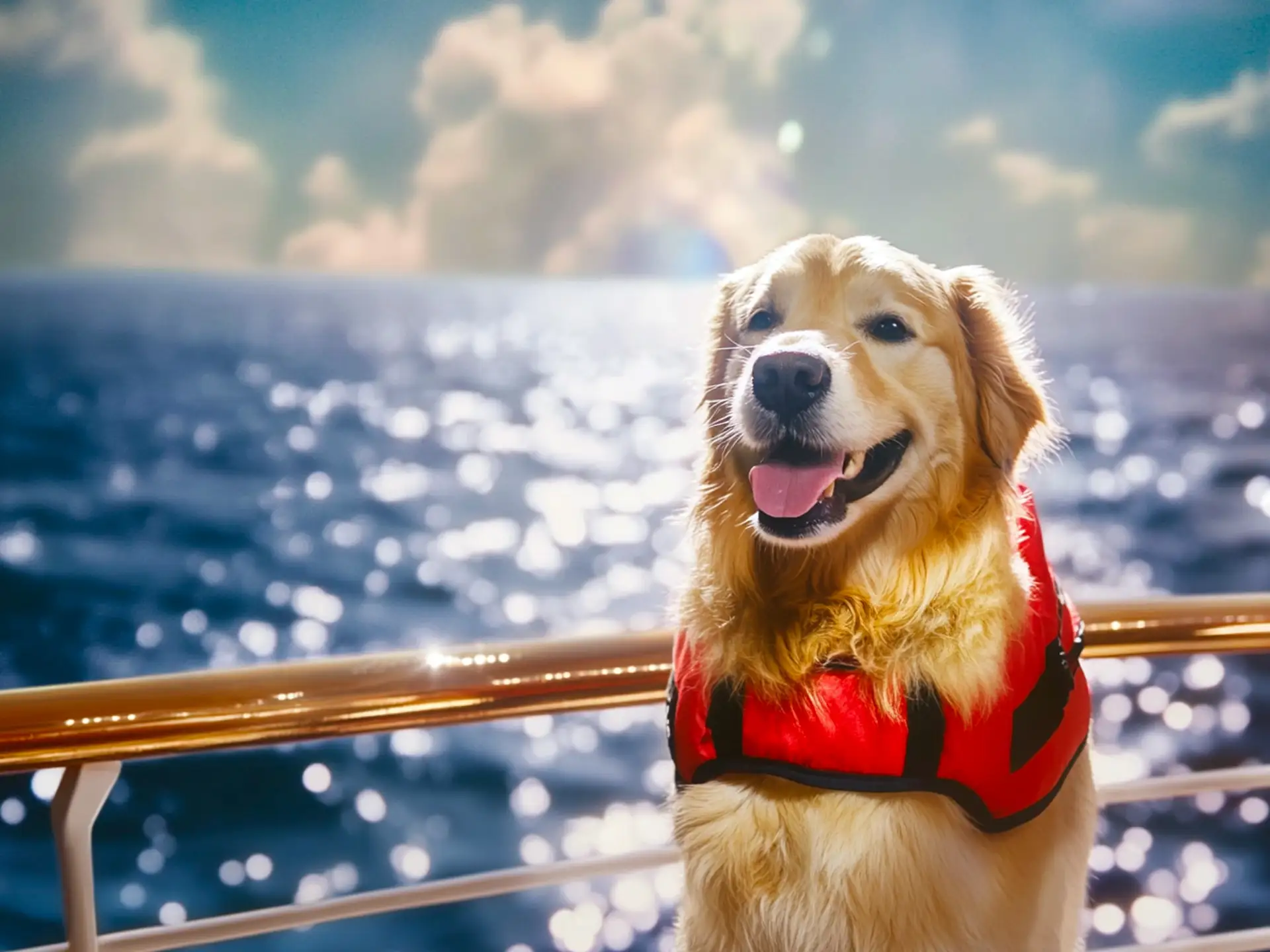 A golden retriever in a bright life vest looking out to sea on the deck of a cruise ship